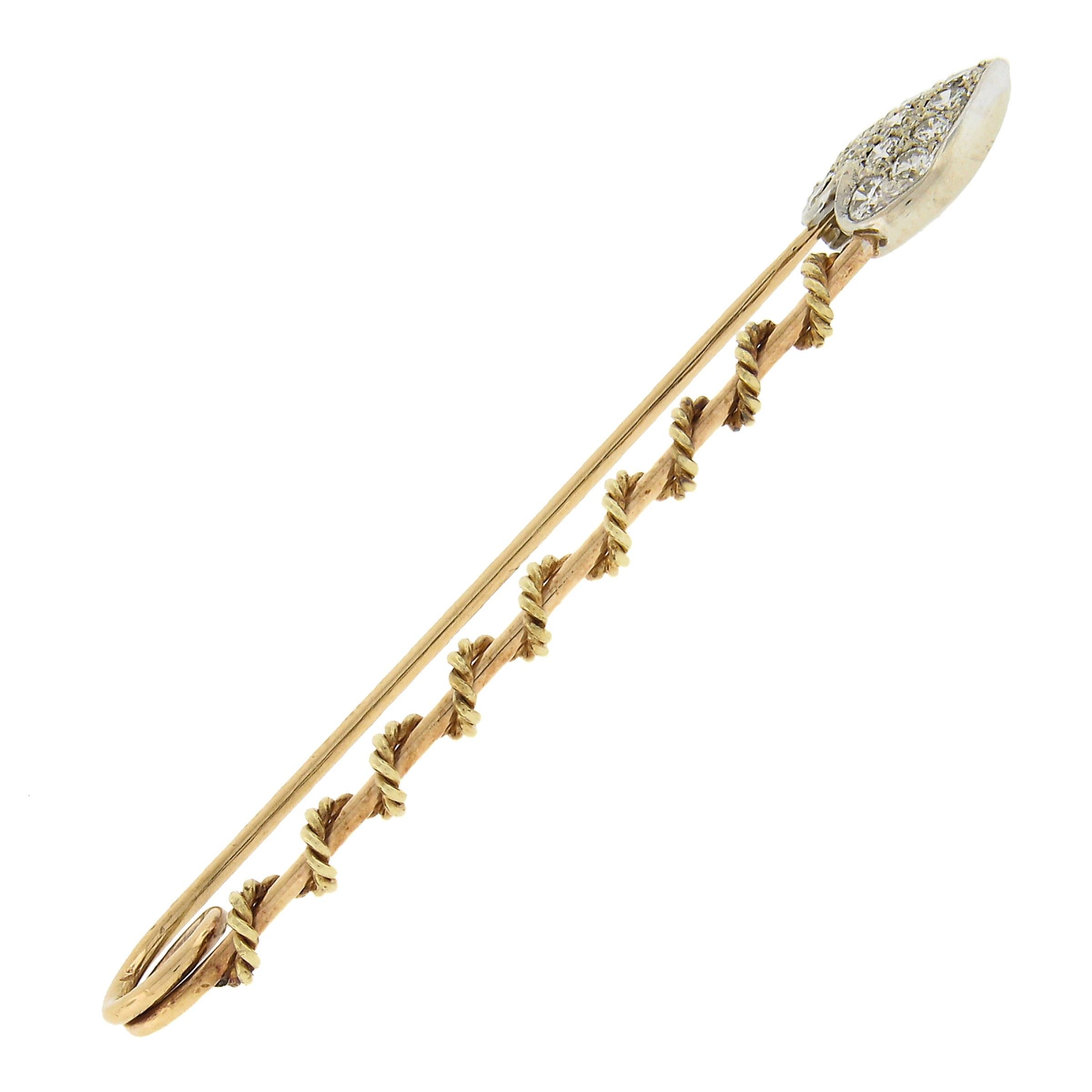 Vintage 14k Two Tone Gold 0.45ctw Pave Set Diamond Heart Safety Bar Pin Brooch 1