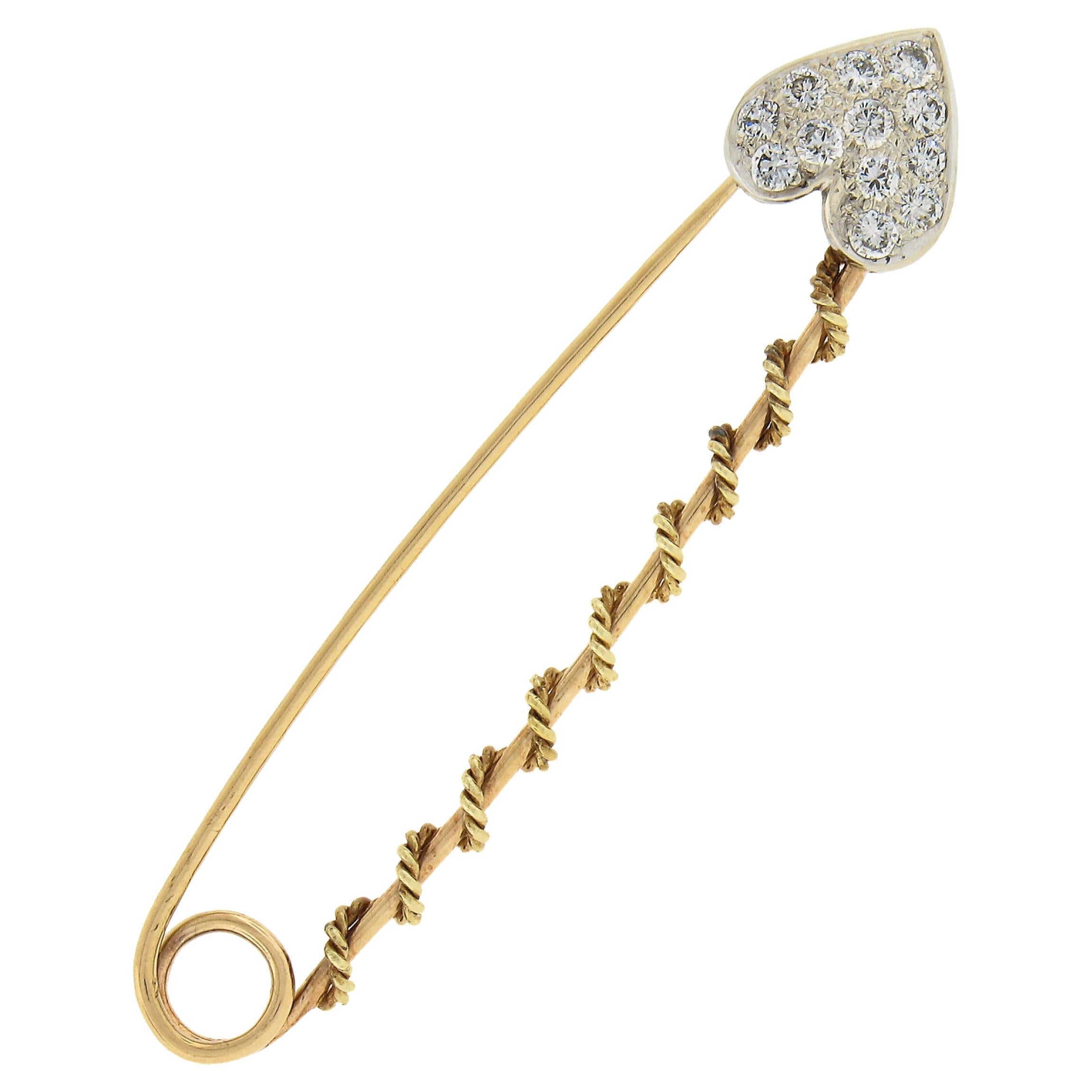 Vintage 14k Two Tone Gold 0.45ctw Pave Set Diamond Heart Safety Bar Pin Brooch For Sale
