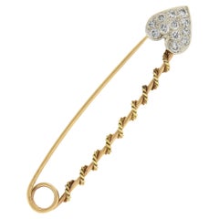 Vintage 14k Two Tone Gold 0.45ctw Pave Set Diamond Heart Safety Bar Pin Brooch