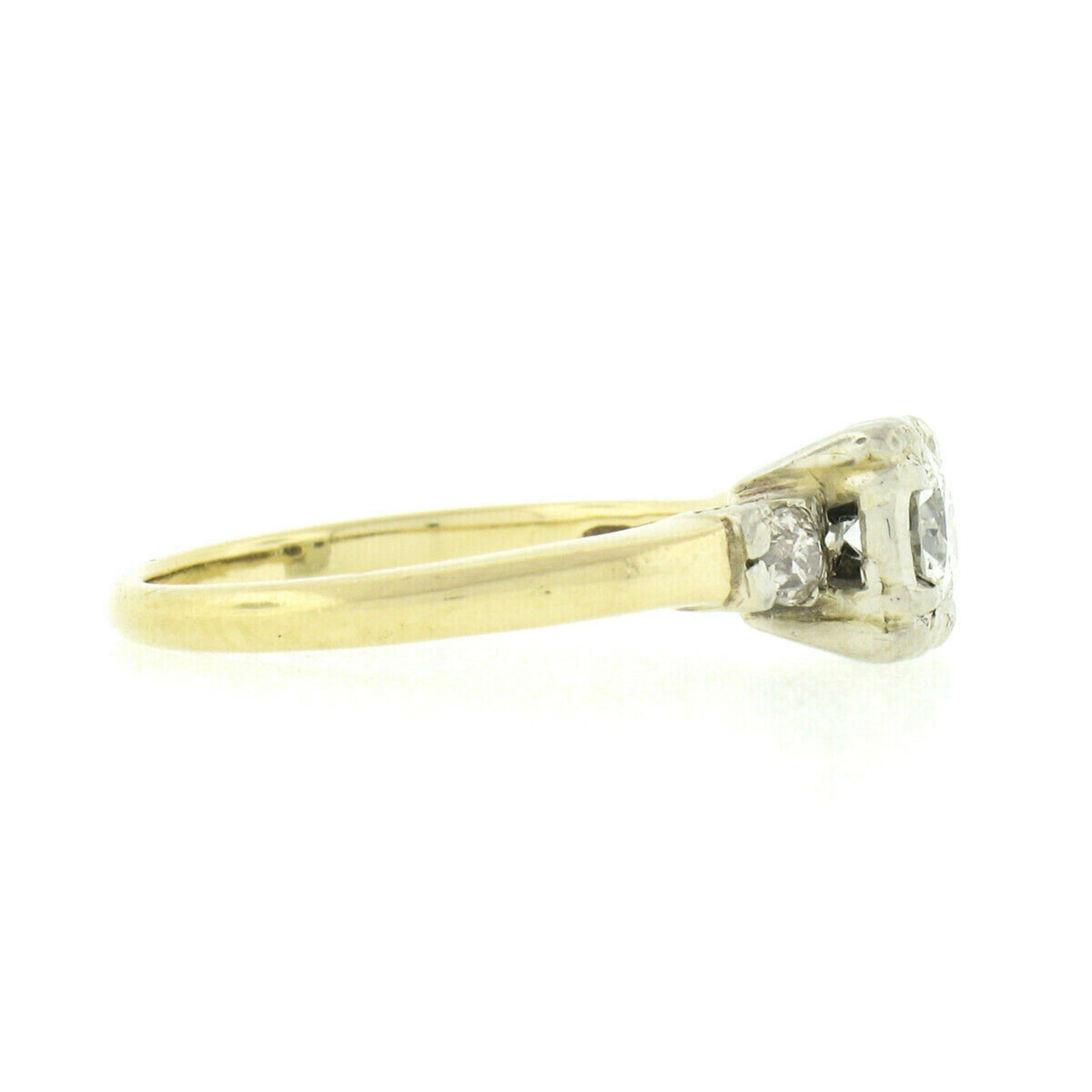 Bague de fiançailles solitaire vintage en or bicolore 14 carats avec diamant européen ancien de 0,50 carat en vente 2
