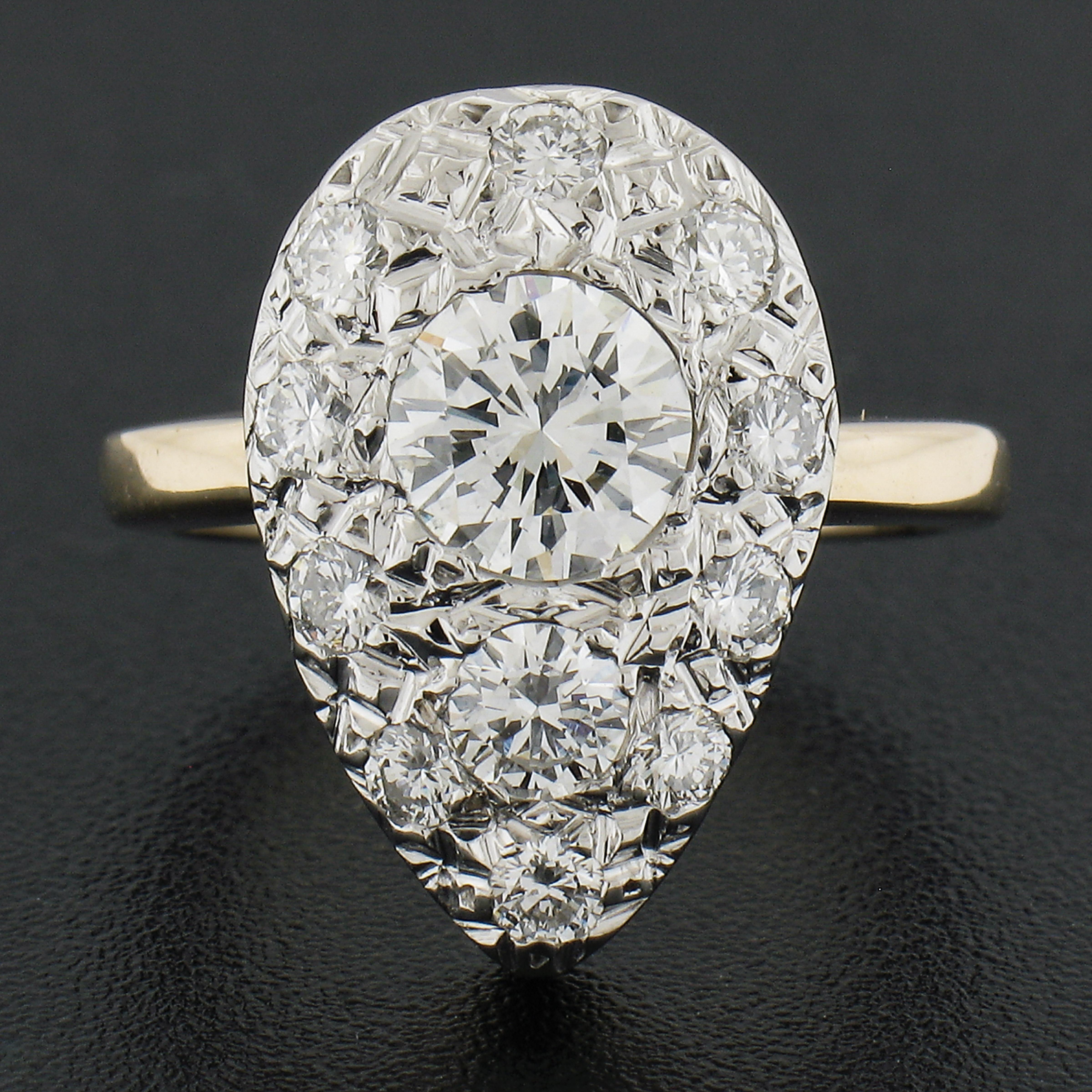 Round Cut Vintage 14k Two Tone Gold 1.15ctw Pave Set Large Diamond Tear Drop Pear Ring