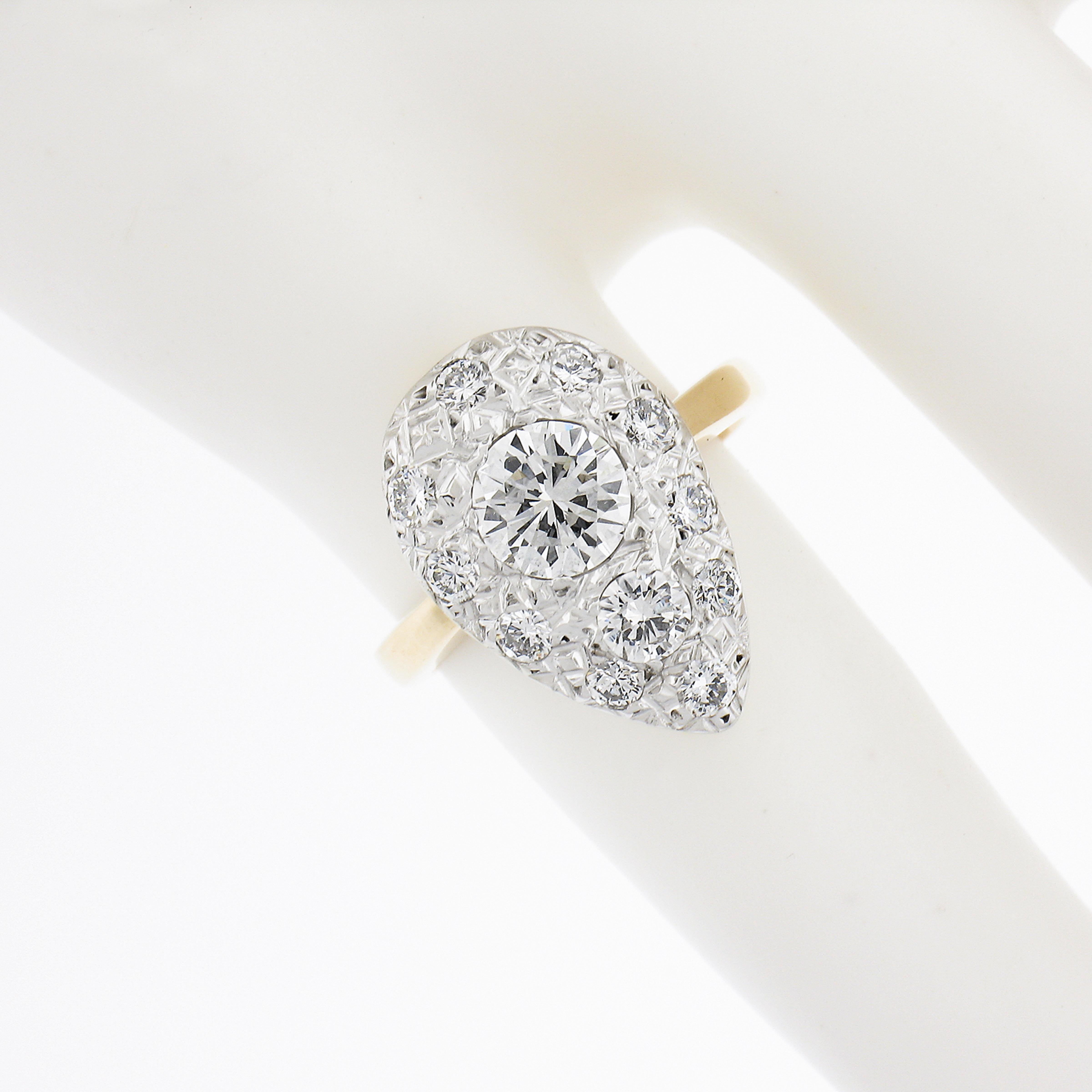 Vintage 14k Two Tone Gold 1.15ctw Pave Set Large Diamond Tear Drop Pear Ring In Excellent Condition In Montclair, NJ