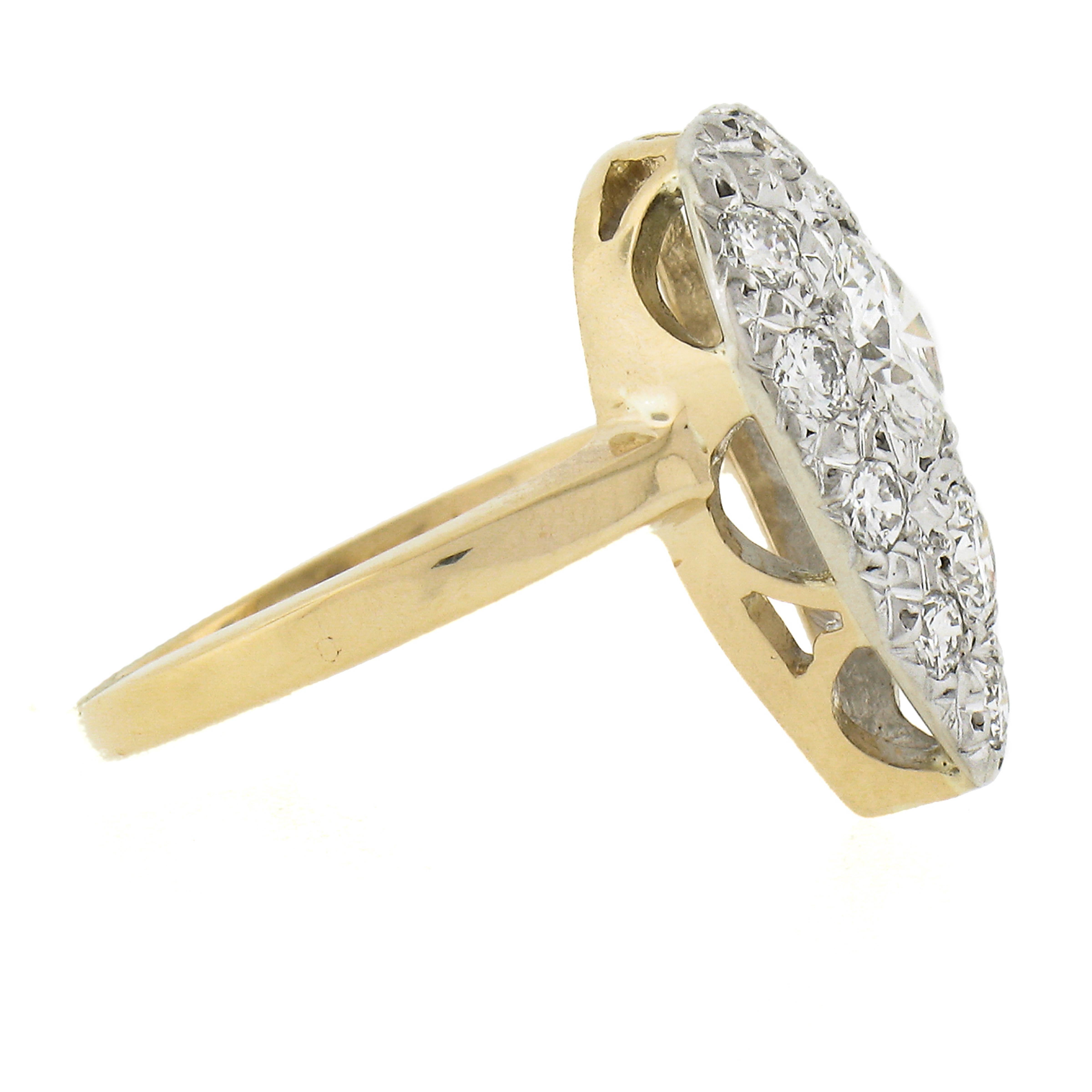 Women's Vintage 14k Two Tone Gold 1.15ctw Pave Set Large Diamond Tear Drop Pear Ring