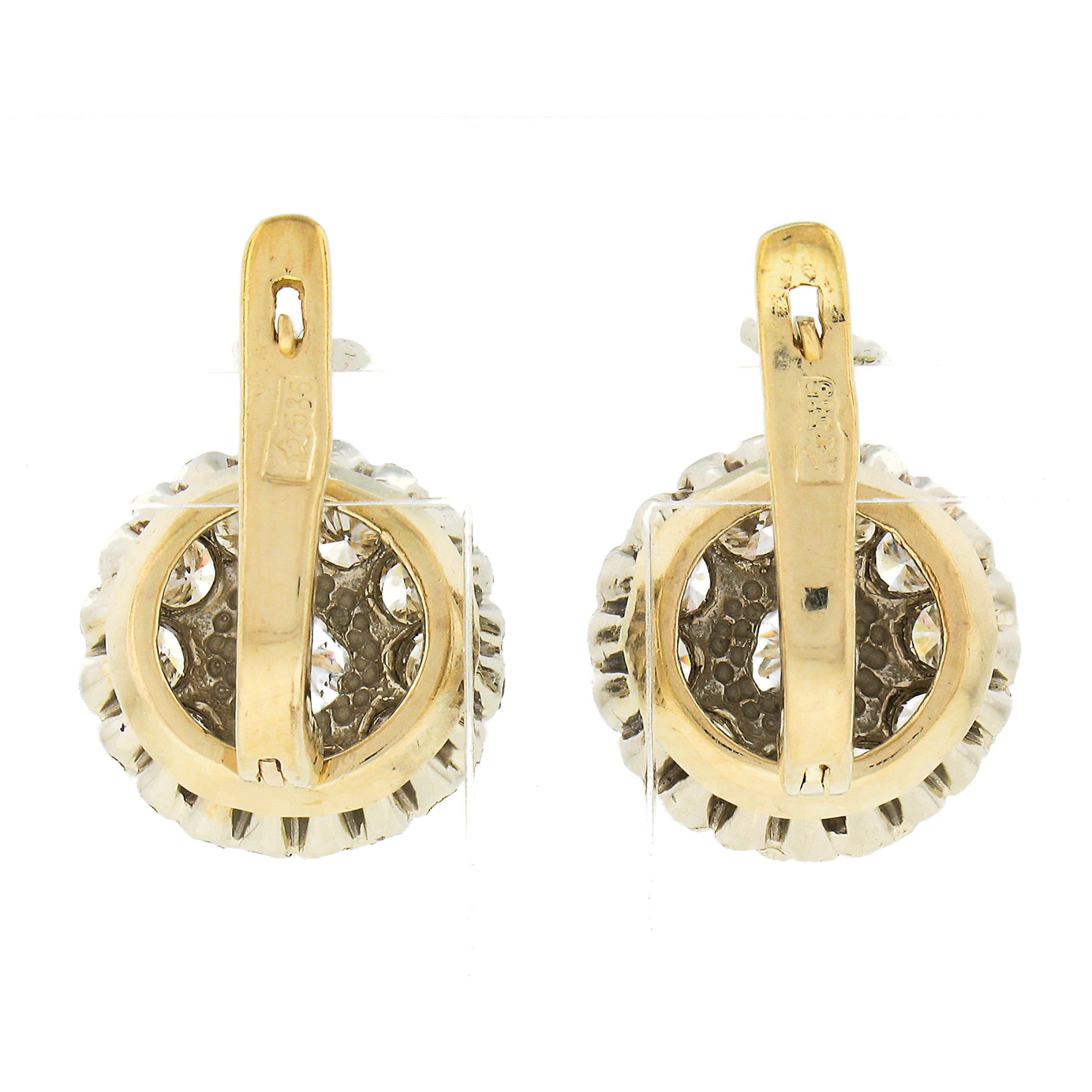 Round Cut Vintage 14k Two Tone Gold 1.65ctw Round Brilliant Diamond Cluster Drop Earrings For Sale