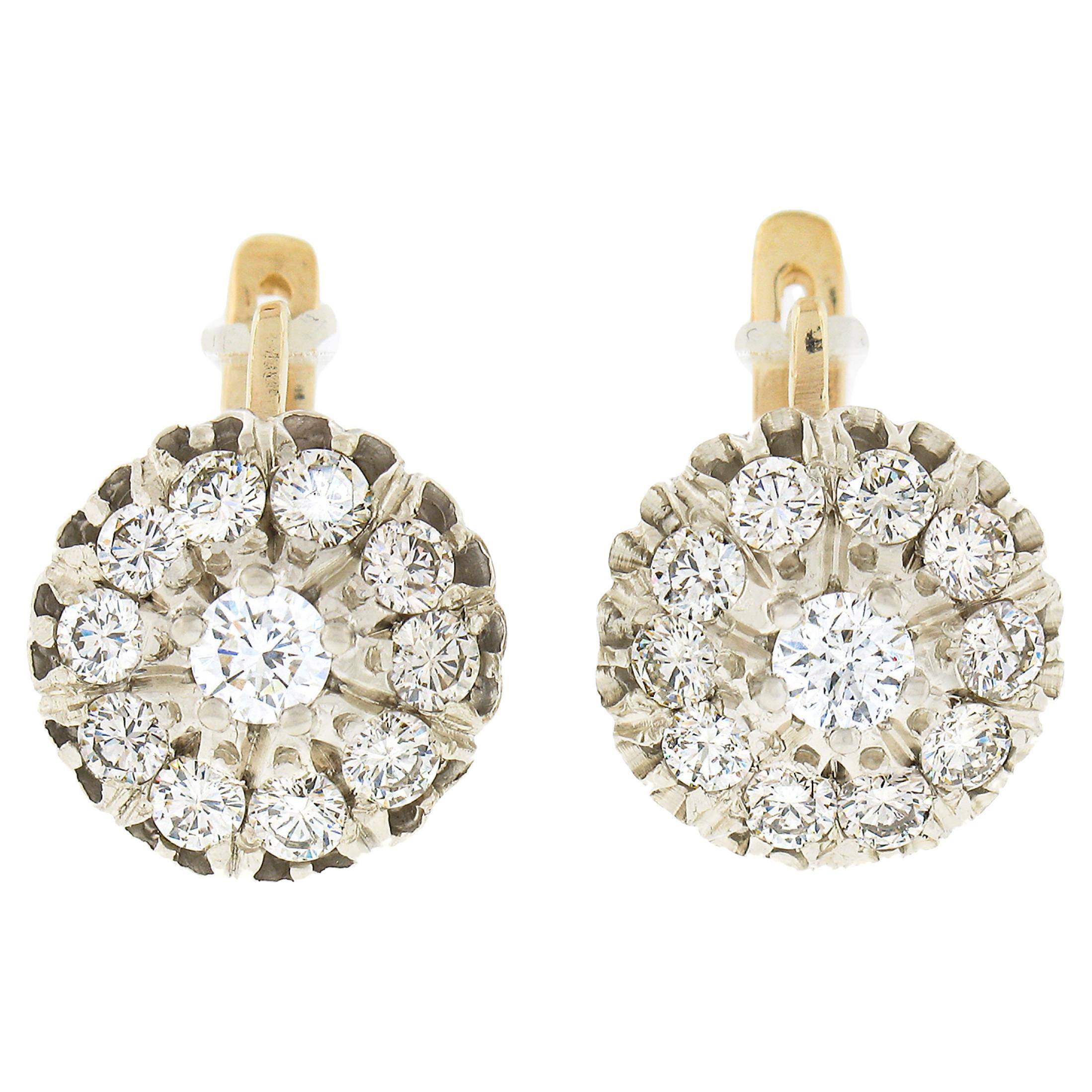 Vintage 14k Two Tone Gold 1.65ctw Round Brilliant Diamond Cluster Drop Earrings For Sale