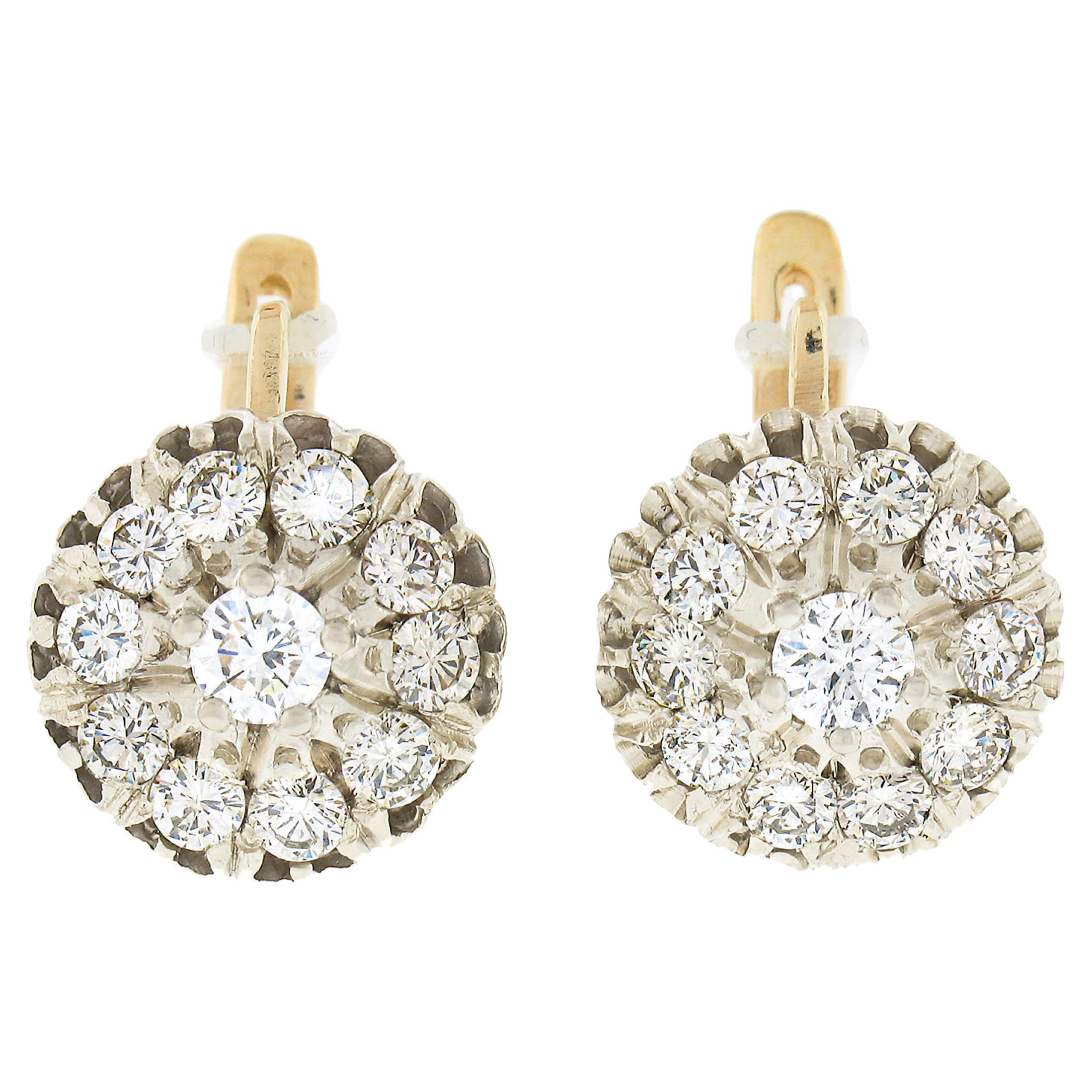 Orecchini vintage in oro 14k bicolore con diamanti tondi e brillanti da 1,65 ct.