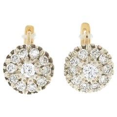 Vintage 14k Two Tone Gold 1.65ctw Round Brilliant Diamond Cluster Drop Earrings