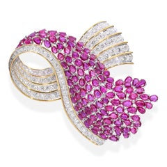Vintage 14k Two Tone Gold 21.53ctw Ruby & 4.98ctw Diamond Ribbon Pendant Brooch