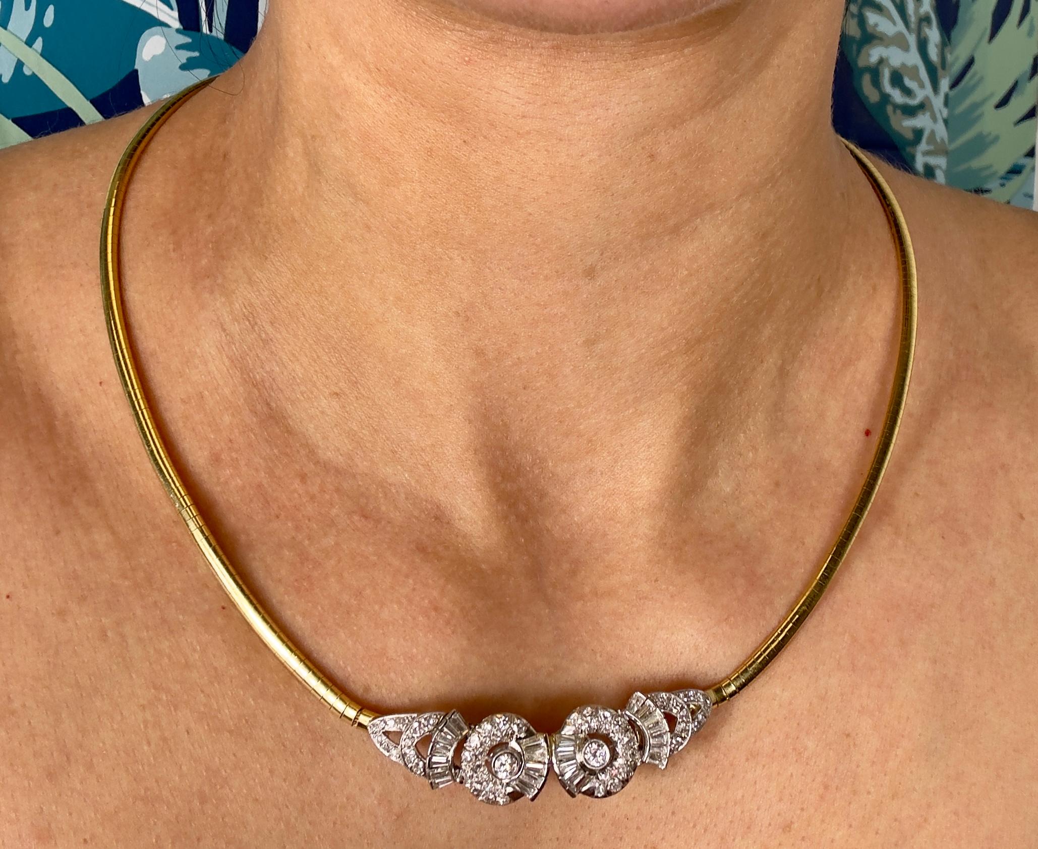 Round Cut Vintage 14K Two-Tone Gold and Diamond Necklace For Sale
