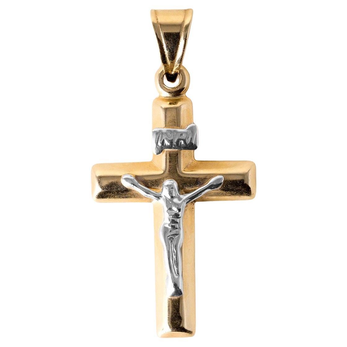 Vintage 14K Two Tone Gold Jesus on Cross Pendant Charm For Sale