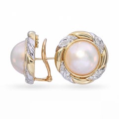 Vintage 14k Two Tone Gold Mabe Pearl and Diamond Stud Earrings