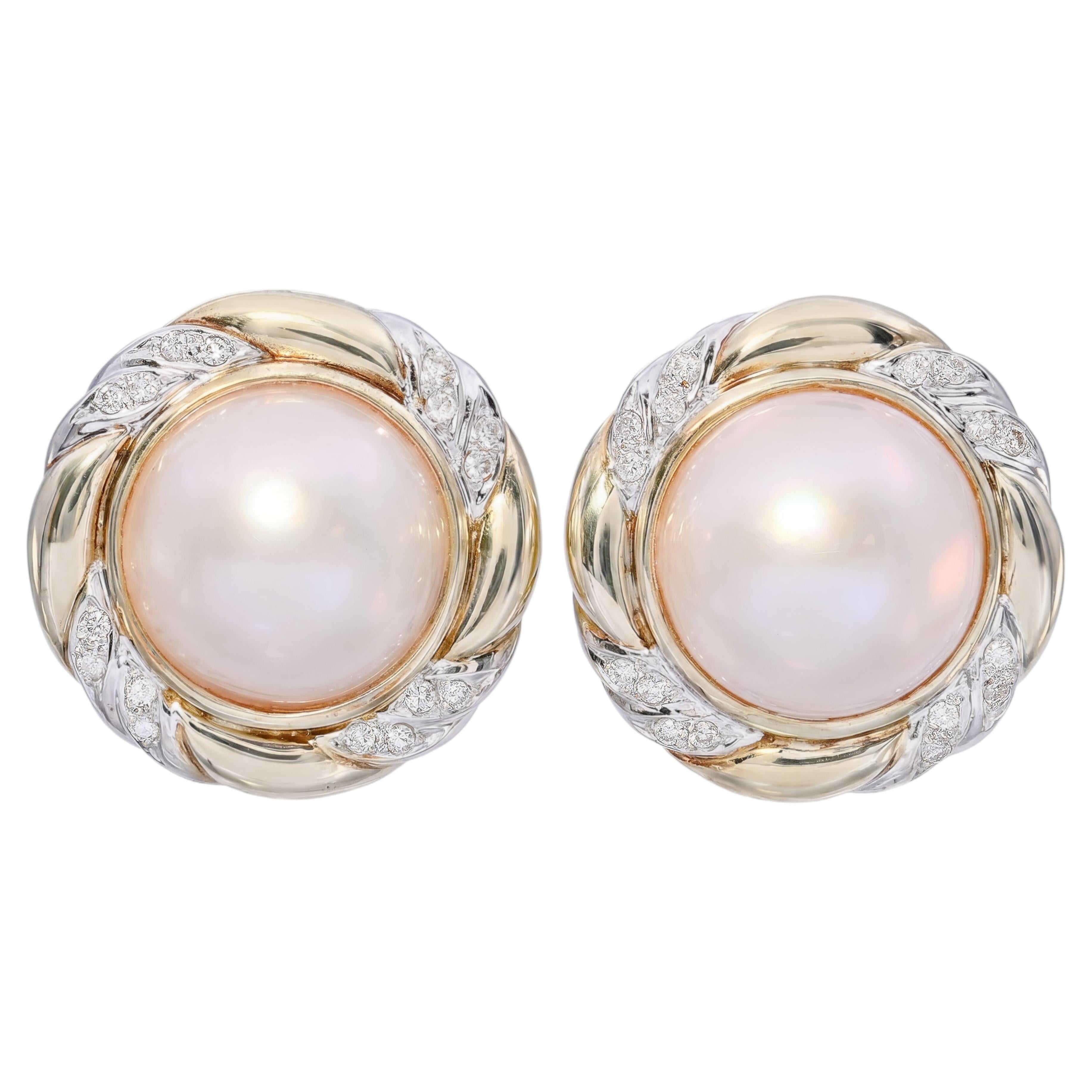 Pendientes vintage de oro de 14k en dos tonos con perlas Mabe y diamantes