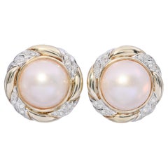 Vintage 14k Two Tone Gold Mabe Pearl and Diamond Stud Earrings