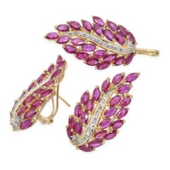 Vintage 14k Zwei-Ton-Gold Rubin und Diamant-Anhänger & Ohrringe Set