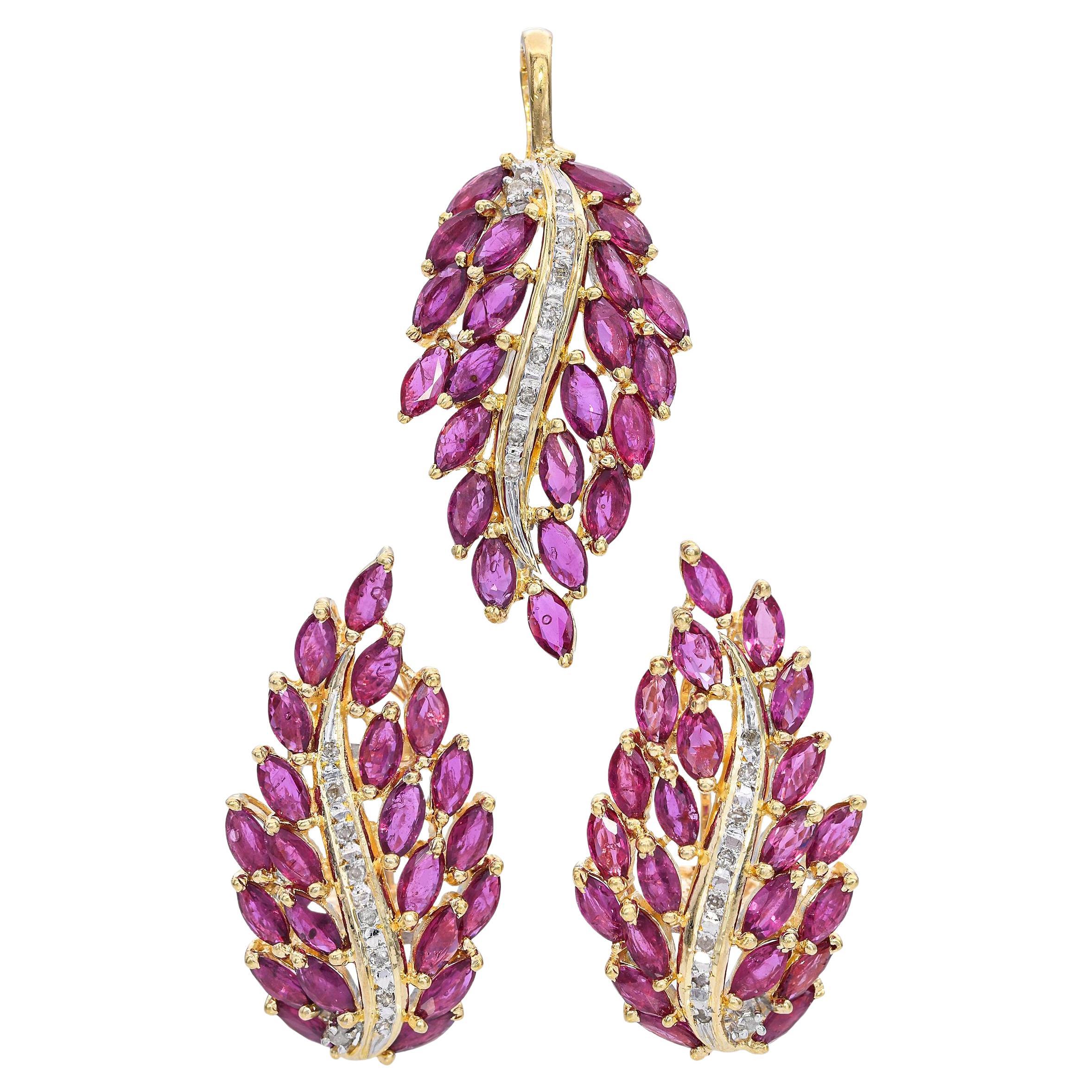 Vintage 14k Two-Tone Gold Ruby and Diamond Pendant 
Earrings Set For Sale