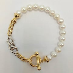 Vintage 14K Two-tone Yellow & White Gold Chain Pearl Bracelet with Toggle Clasp
