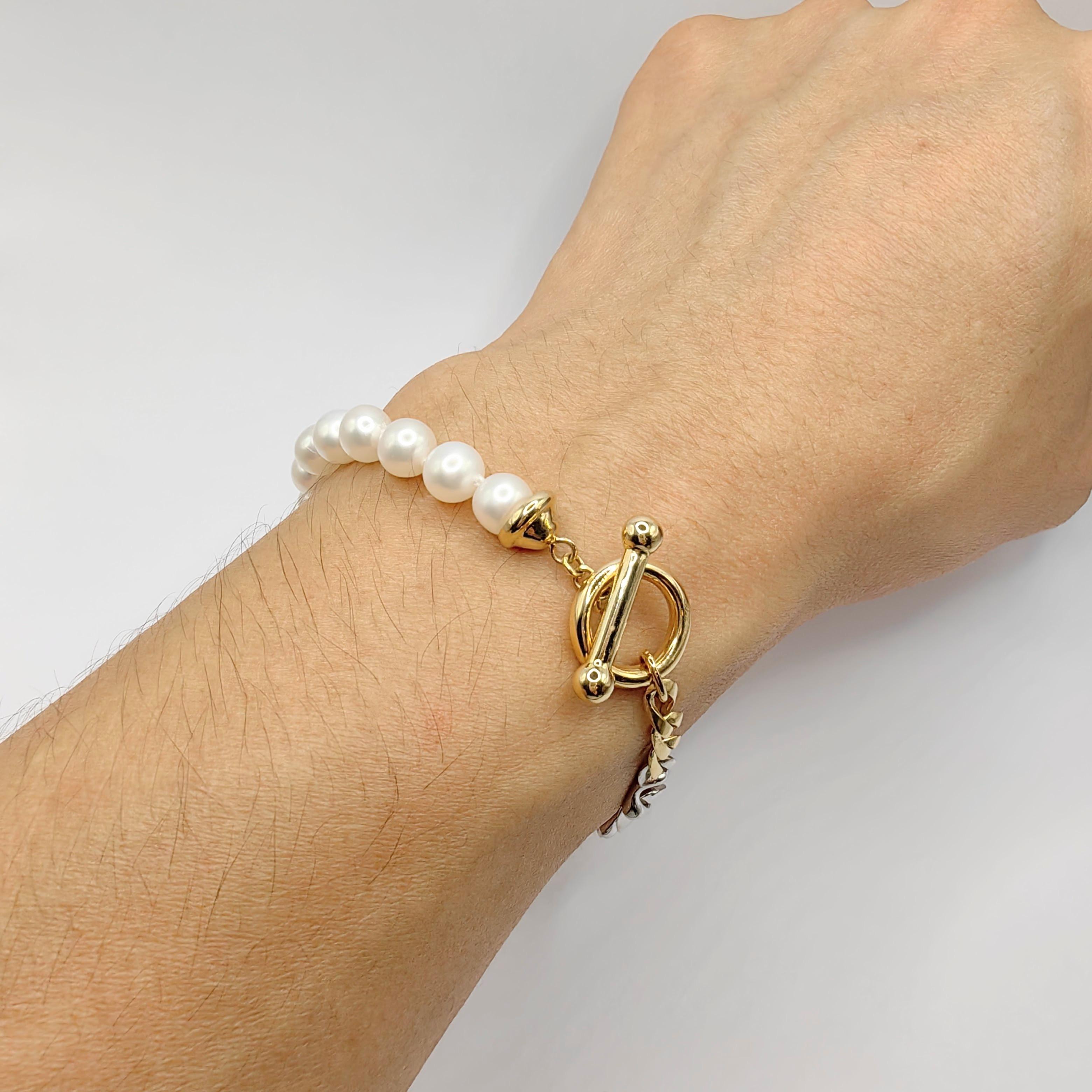 da uomo o donna Bracciale vintage con catena di perle in oro giallo e bianco a due tonalità, 14K, con chiusura a ginocchiera in vendita