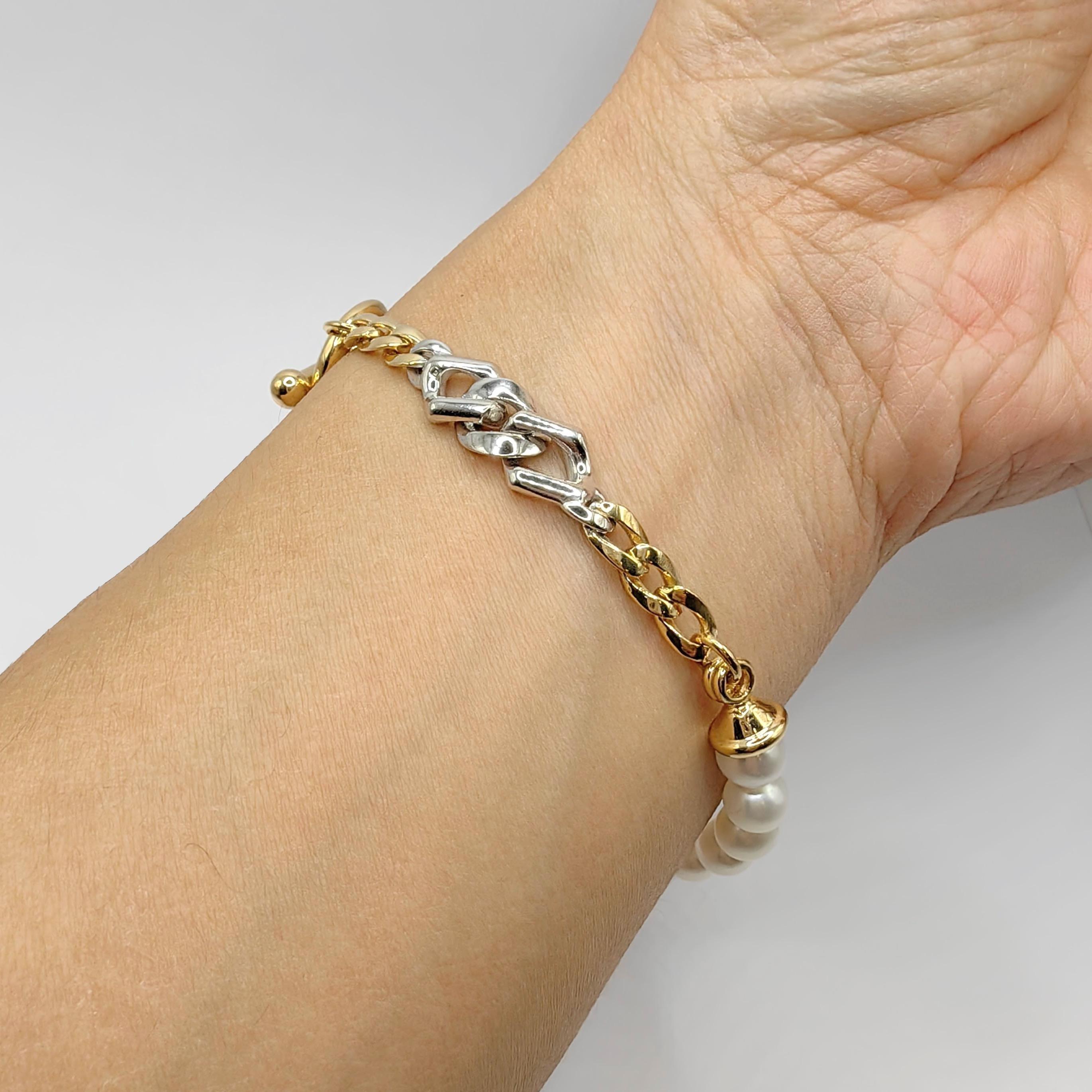Bracciale vintage con catena di perle in oro giallo e bianco a due tonalità, 14K, con chiusura a ginocchiera in vendita 1