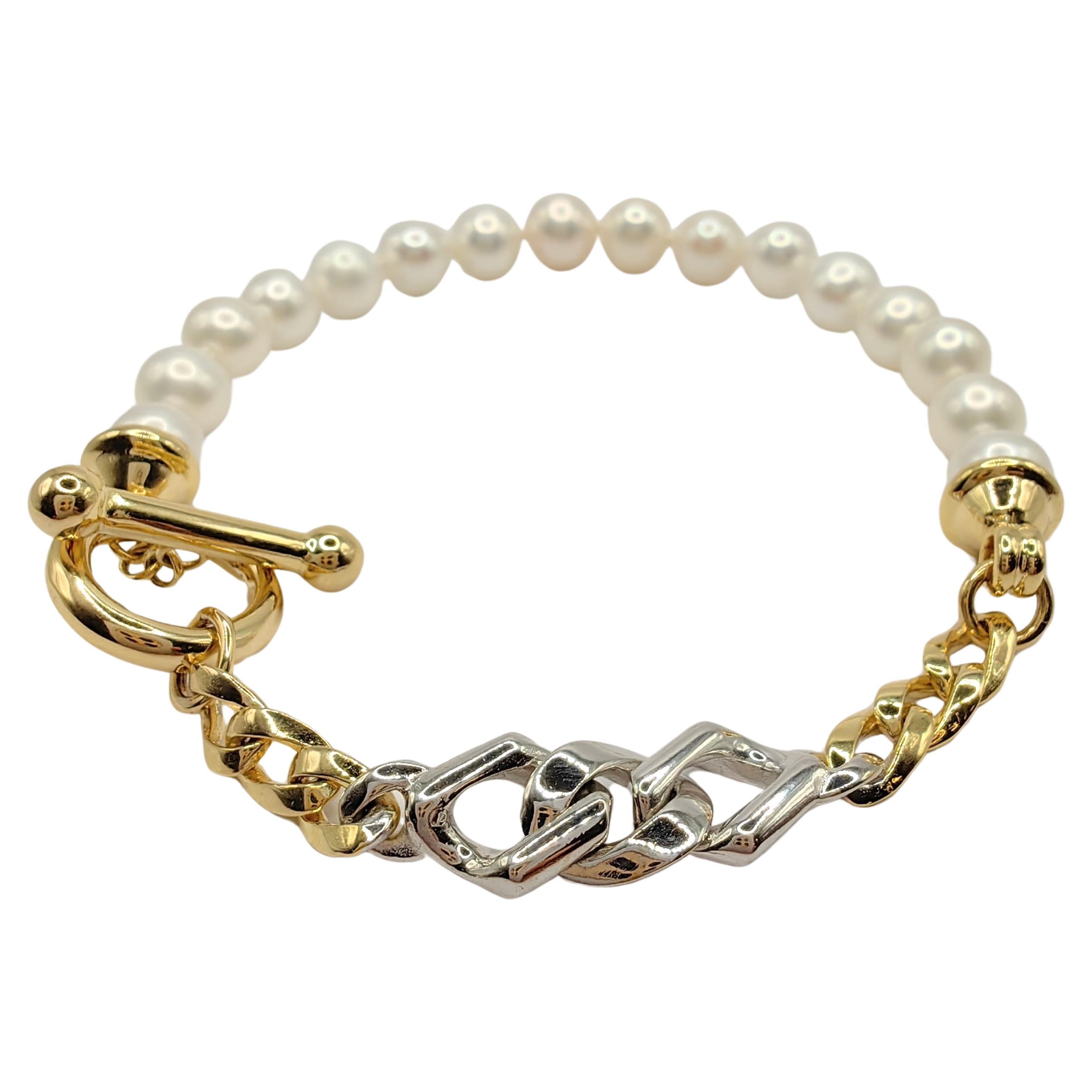 Vintage 14K Two-tone Yellow & White Gold Chain Pearl Bracelet with Toggle Clasp