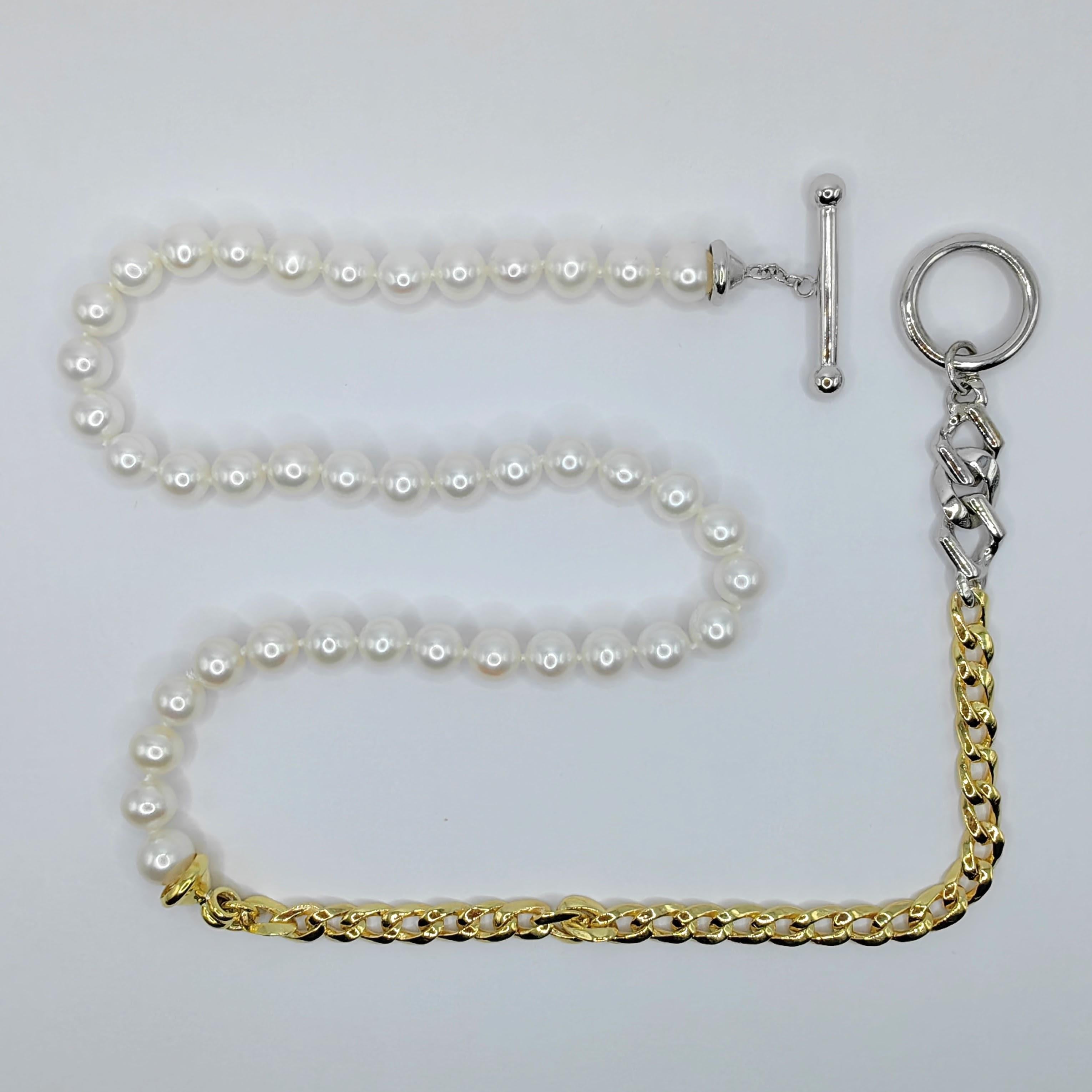 Taglio rotondo Collana con catena di perle d'epoca in oro giallo e bianco a due tonalità, 14K, con chiusura a ginocchiera in vendita
