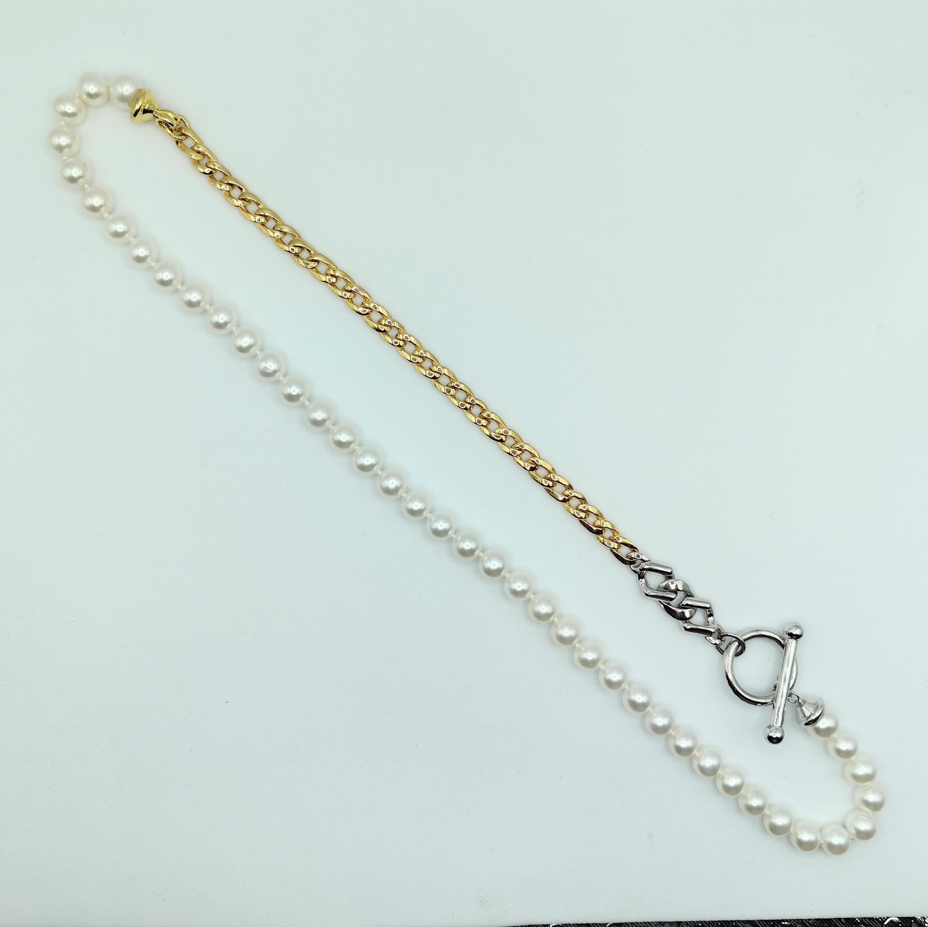 da uomo o donna Collana con catena di perle d'epoca in oro giallo e bianco a due tonalità, 14K, con chiusura a ginocchiera in vendita