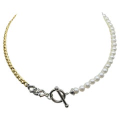 Vintage 14K Two-tone Yellow & White Gold Chain Pearl Necklace with Toggle Clasp