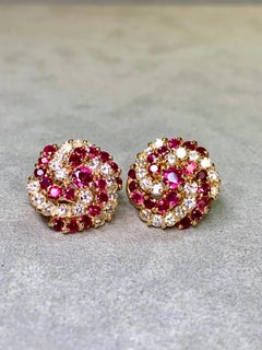 Vintage 14K Vivid Ruby Diamond Swirl Omega Back Huggie Earrings 4.20ctw