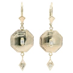 Vintage 14k White Gold 0.10ctw Diamond Etched Geometric Dangle Drop Earrings
