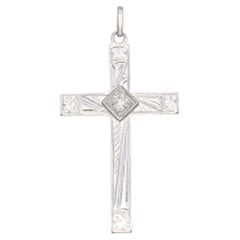 Vintage 14K White Gold 0.22 Ct. Diamond Etched Cross Pendant