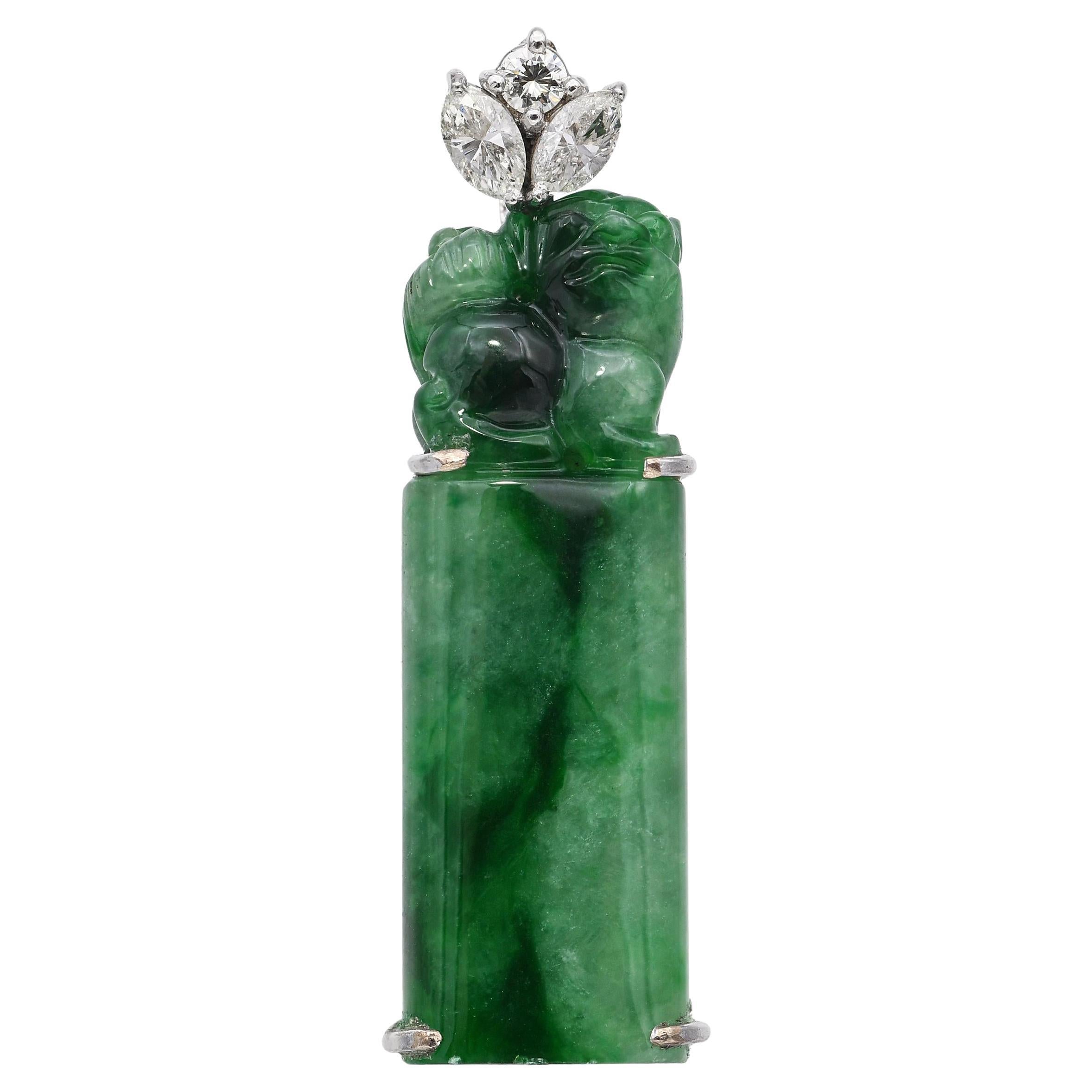 Vintage 14k Weißgold 0,25tcw Diamant und Jade Anhänger im Angebot