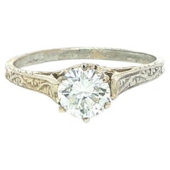 Vintage 14k White Gold 0.28ct Diamond Solitaire Scalloped Inspired Ornate Ring