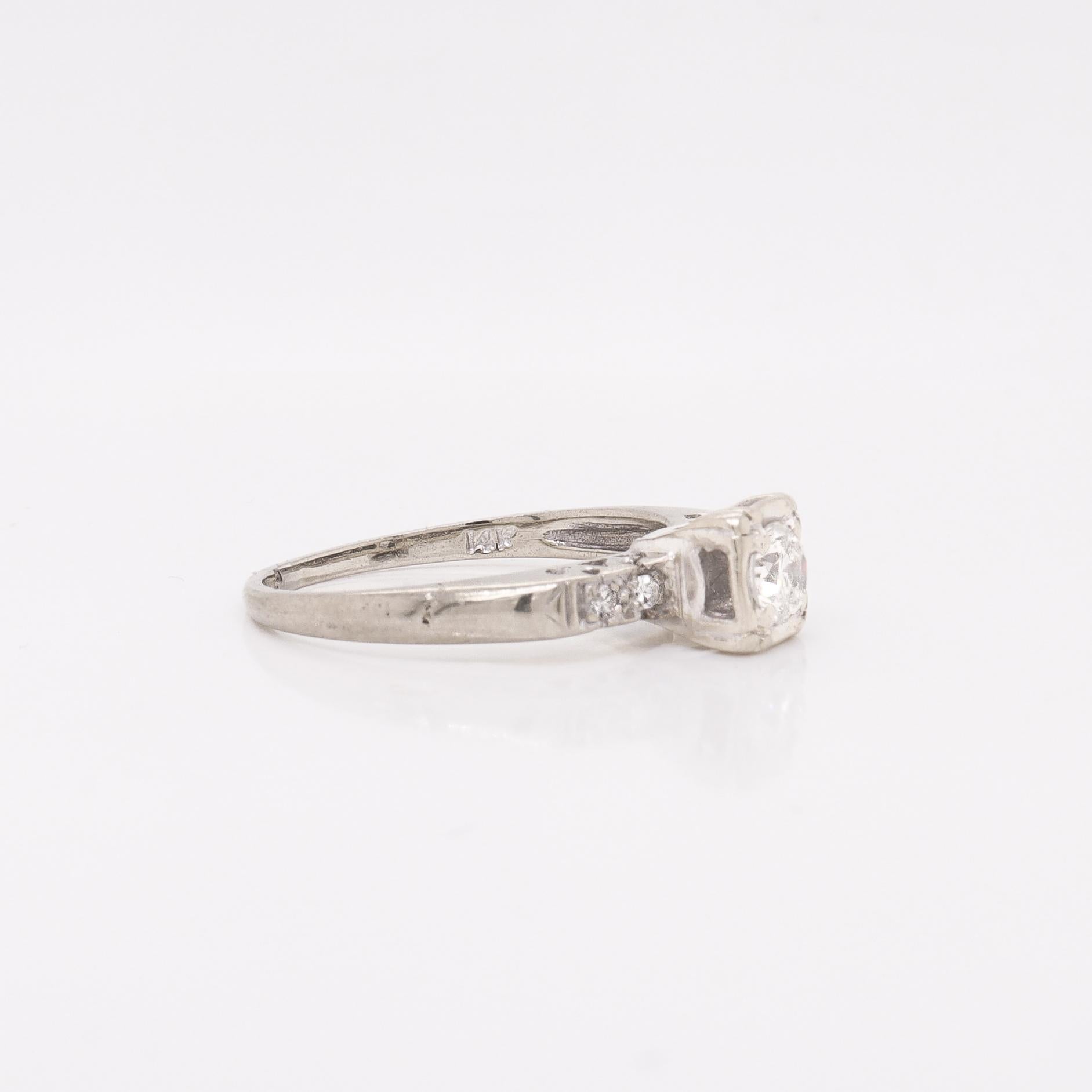 Vintage 14K White Gold & 0.37 Ctw. Diamond Engagement Ring For Sale 5