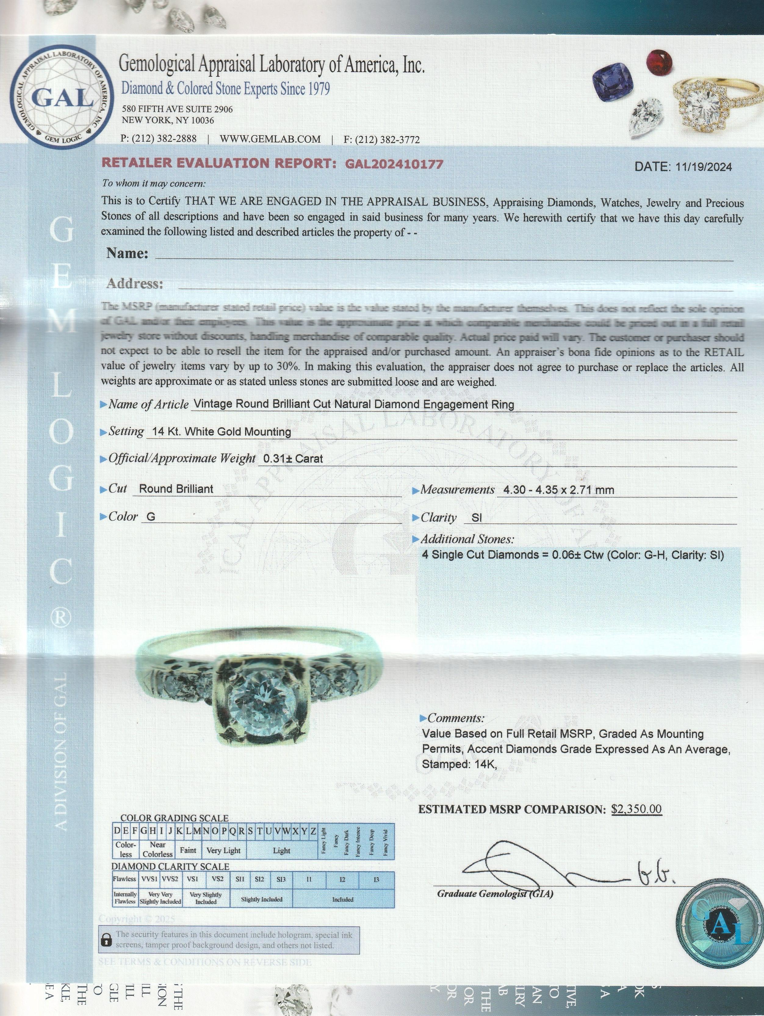 Vintage 14K White Gold & 0.37 Ctw. Diamond Engagement Ring For Sale 6
