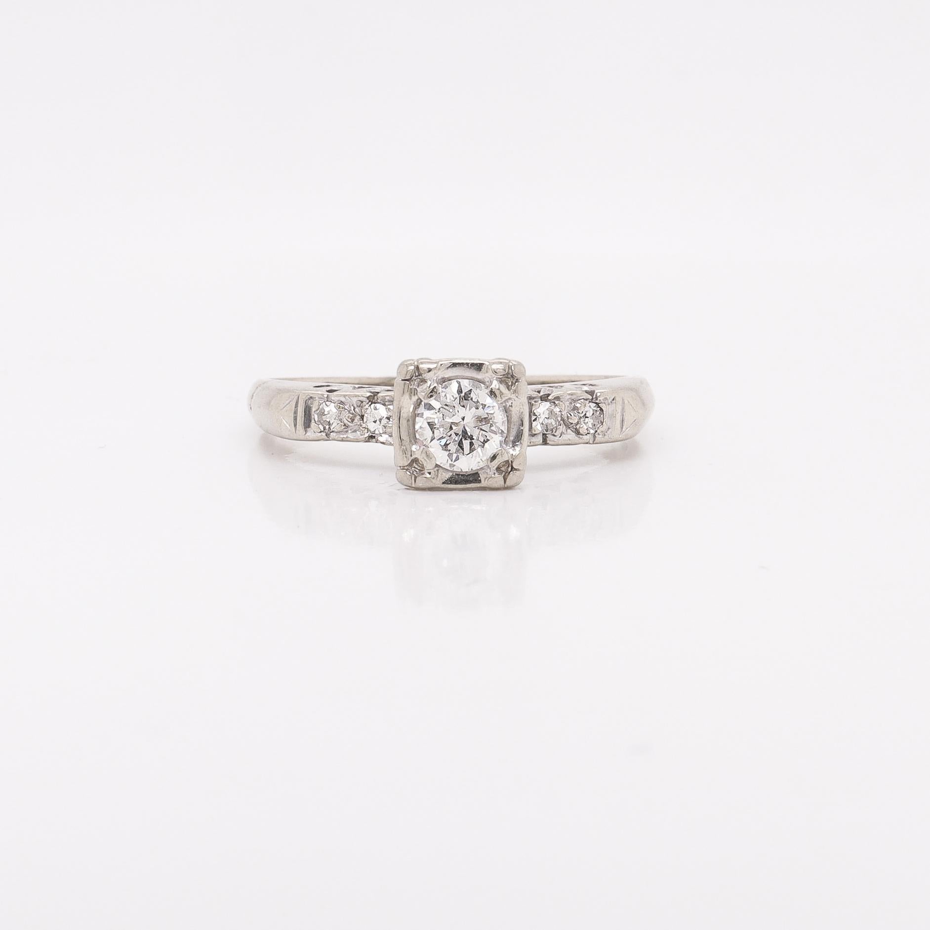 Vintage 14K White Gold & 0.37 Ctw. Diamond Engagement Ring In Good Condition For Sale In Philadelphia, PA