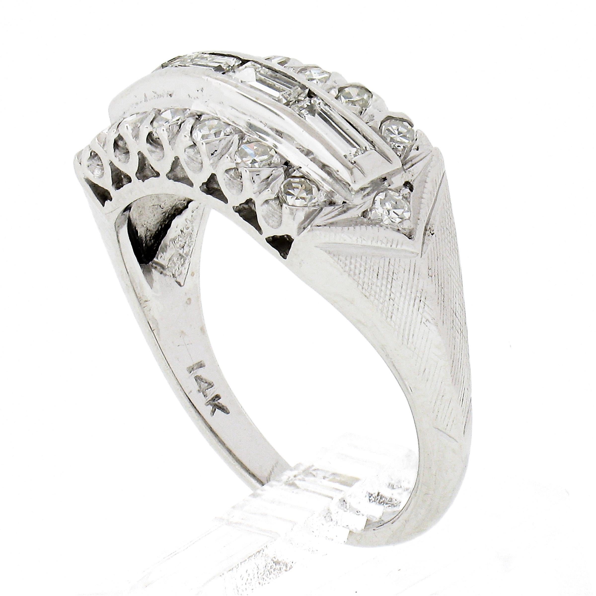 Vintage 14k White Gold 0.42ctw Baguette & Round Fishtail Pave Diamond Band Ring For Sale 3