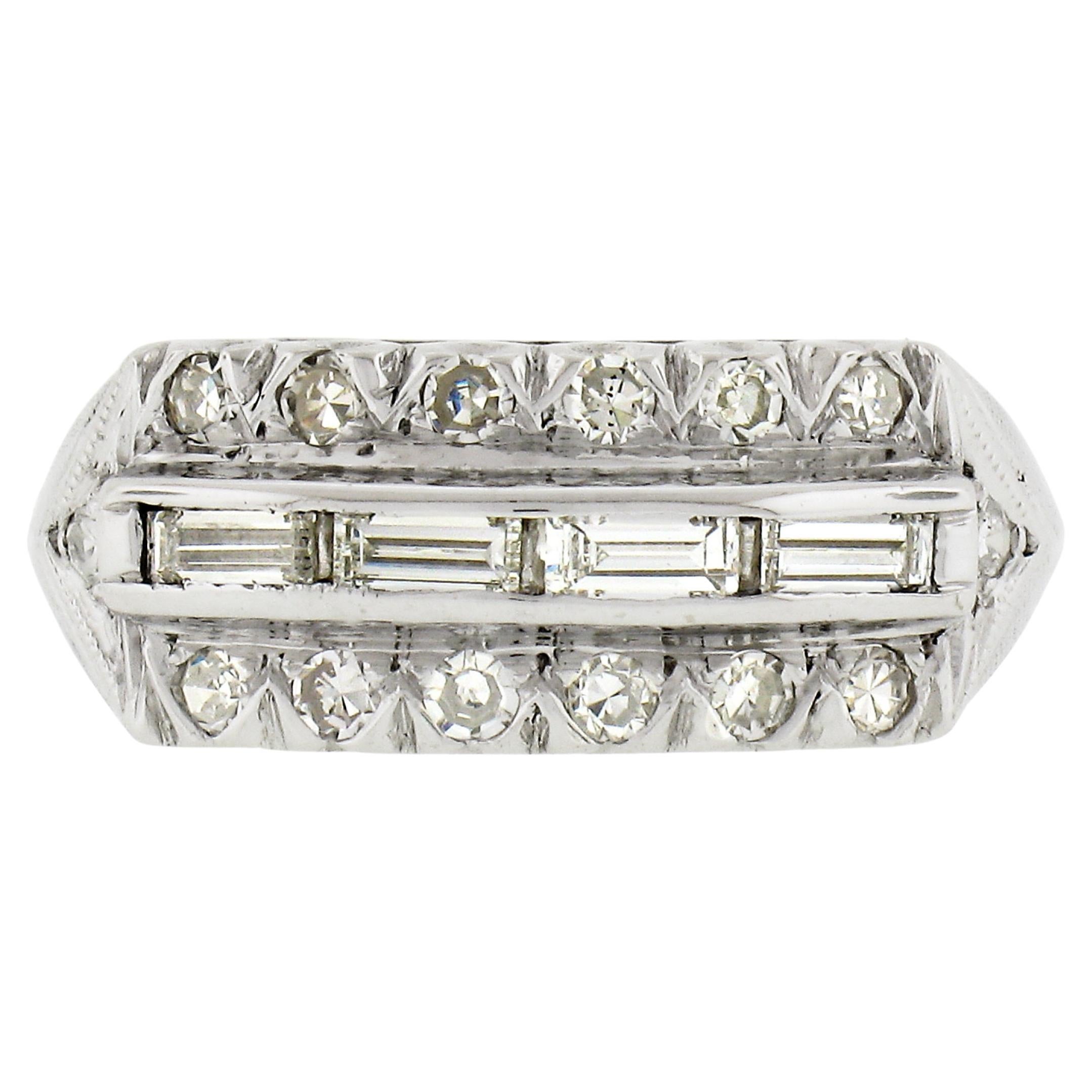 Vintage 14k White Gold 0.42ctw Baguette & Round Fishtail Pave Diamond Band Ring For Sale