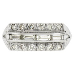 Vintage 14k White Gold 0.42ctw Baguette & Round Fishtail Pave Diamond Band Ring