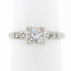Vintage 14k White Gold 0.46ct Round Brilliant Diamond w/ Accents Engagement Ring