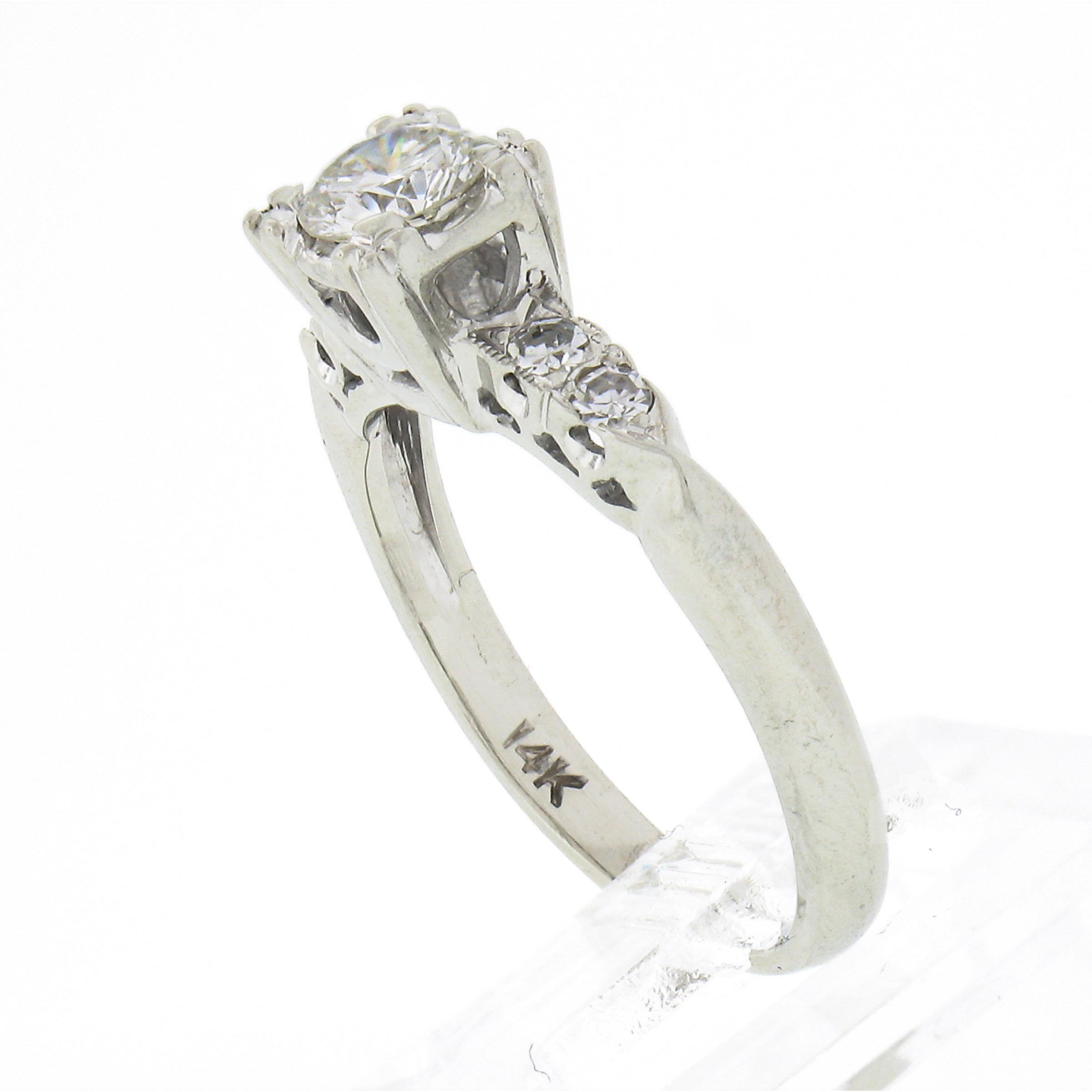 Vintage 14k White Gold 0.46ct Round Brilliant Diamond w/ Accents Engagement Ring For Sale 3