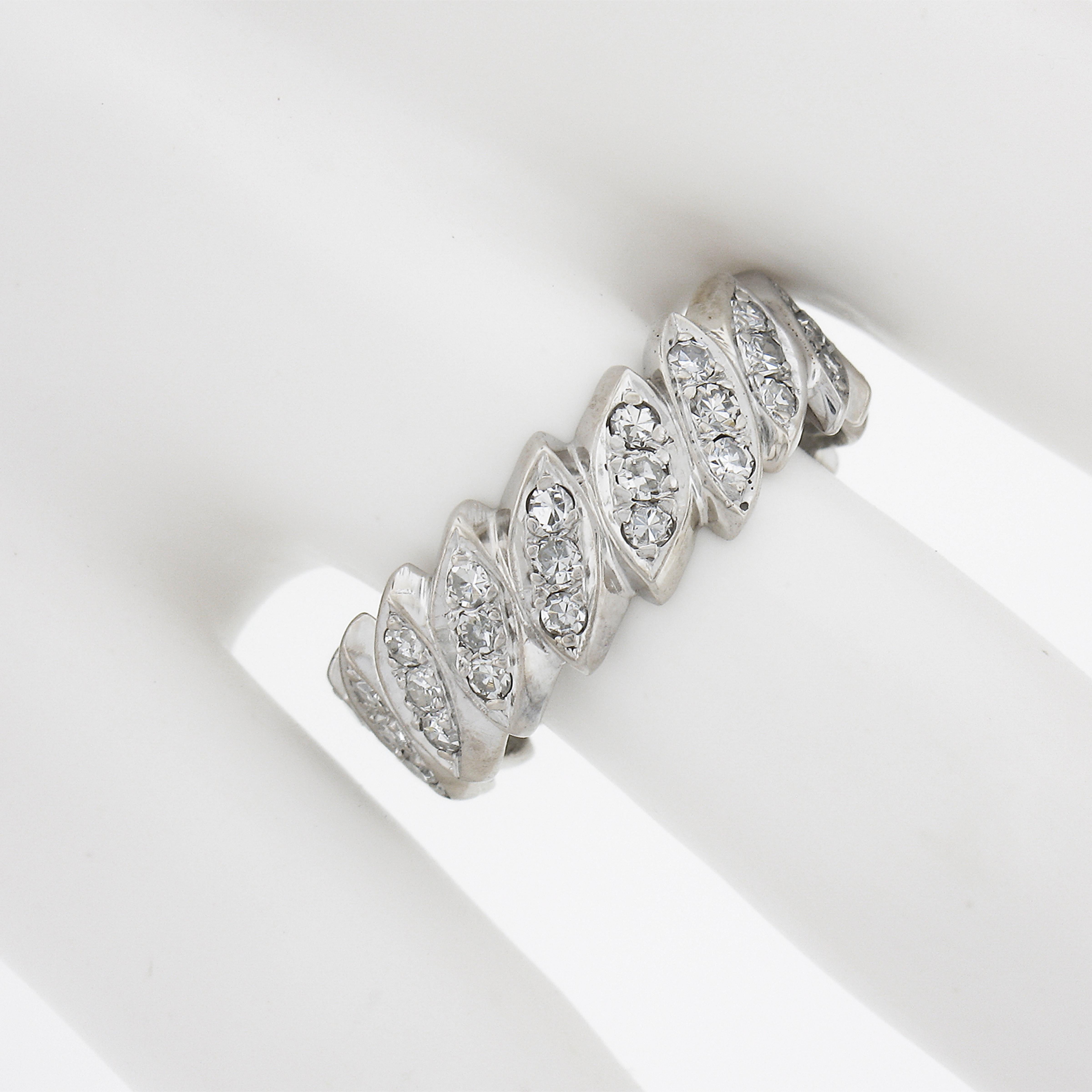 Vintage 14k White Gold 0.70ctw Old Diamond Navette Eternity Wedding Band Ring In Good Condition For Sale In Montclair, NJ