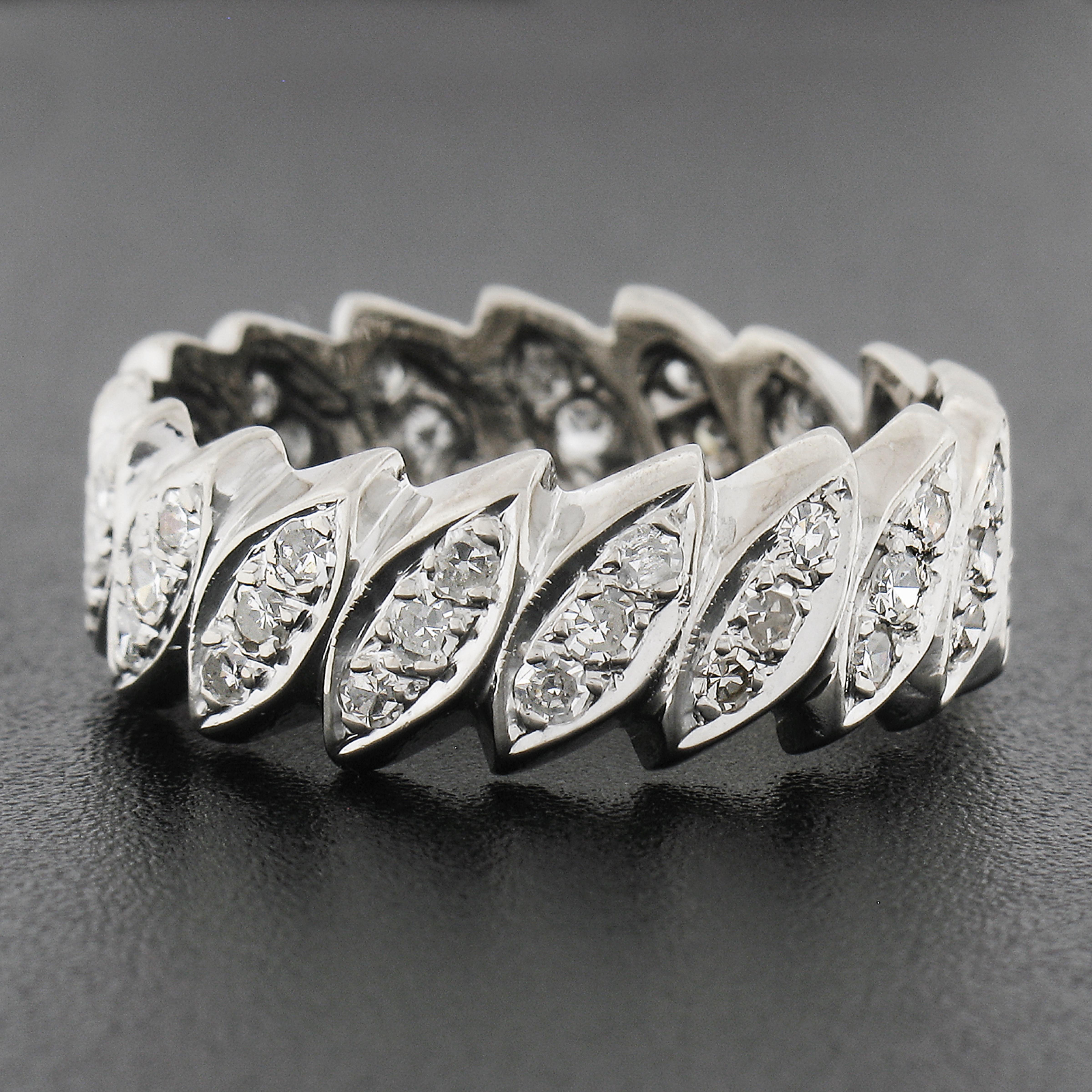 Women's Vintage 14k White Gold 0.70ctw Old Diamond Navette Eternity Wedding Band Ring For Sale