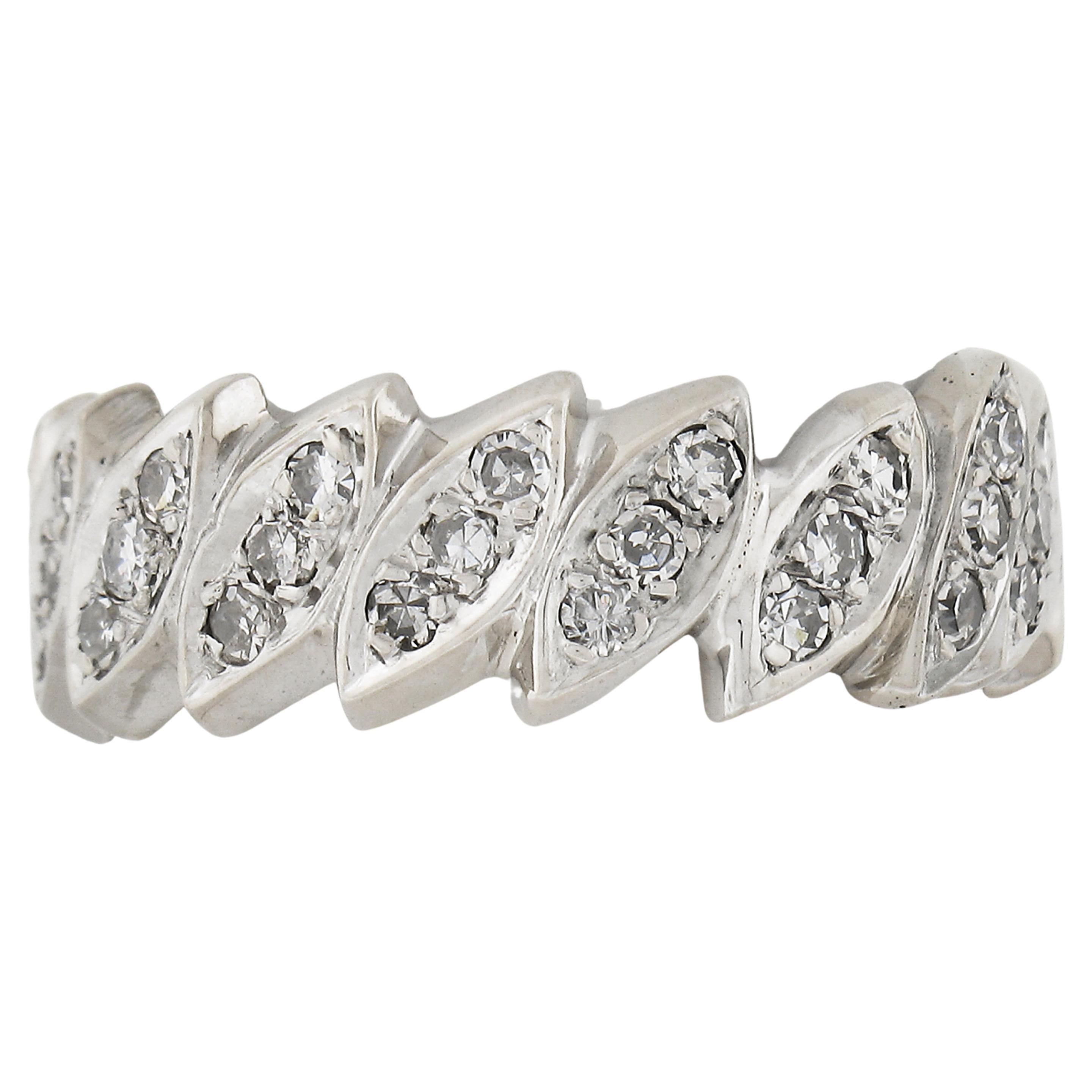 Vintage 14k White Gold 0.70ctw Old Diamond Navette Eternity Wedding Band Ring For Sale