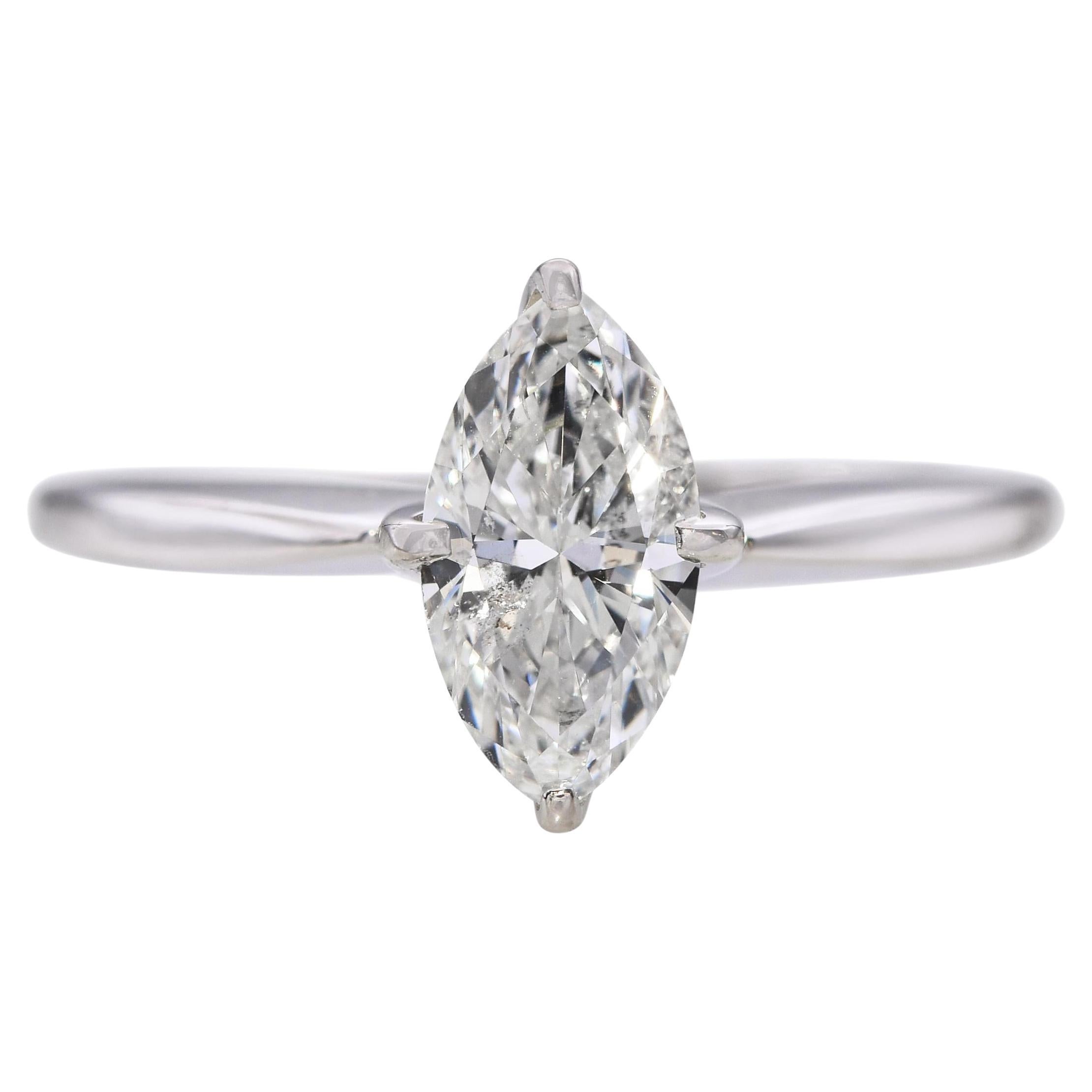Anillo solitario vintage de oro blanco de 14k con diamante marquesa de 0,81 ct