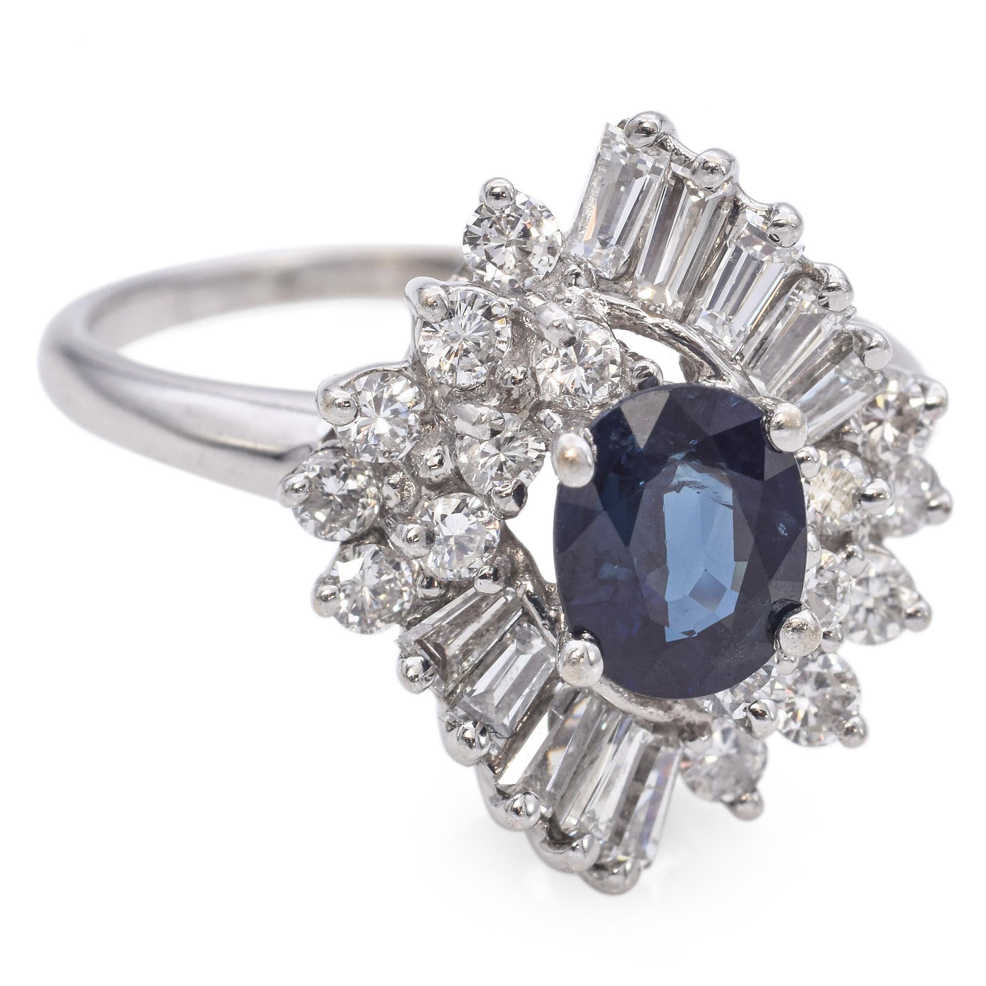 Retro Vintage 14K White Gold 0.86 Ct. Sapphire and Diamond Halo Ring For Sale