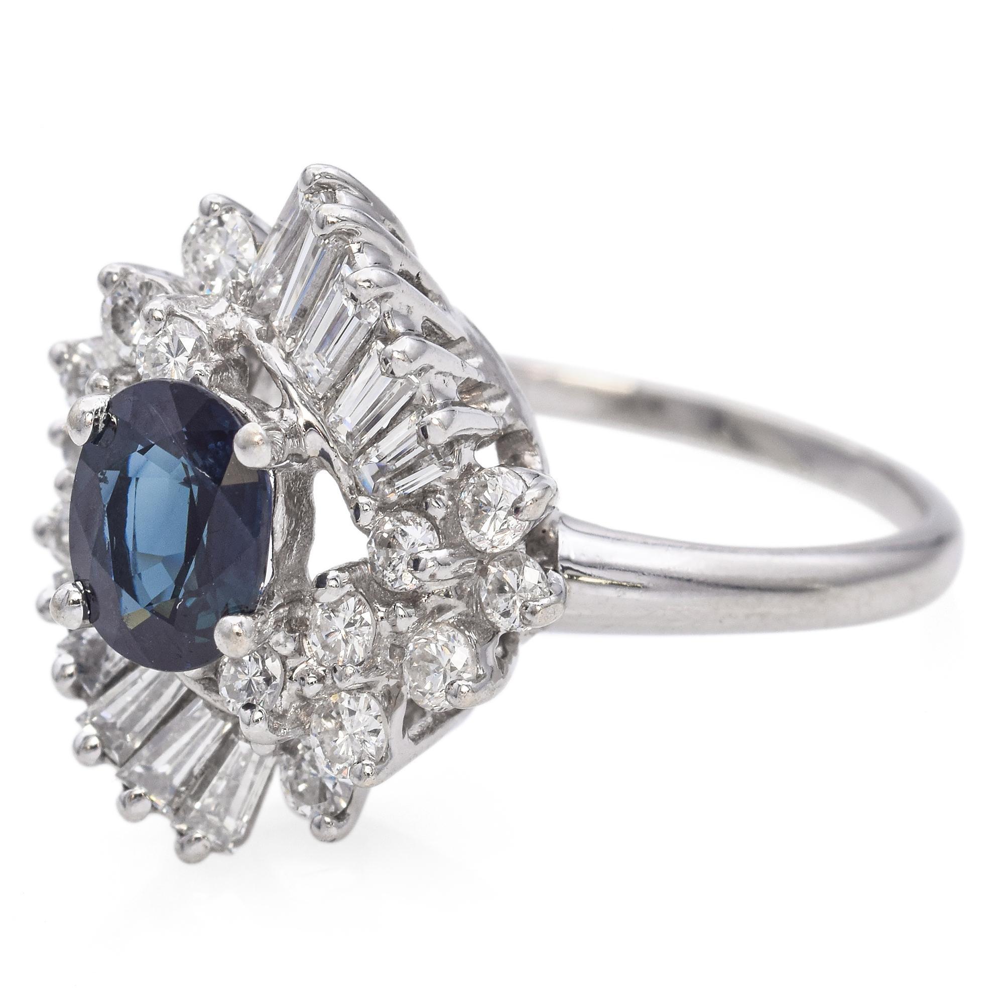 Oval Cut Vintage 14K White Gold 0.86 Ct. Sapphire and Diamond Halo Ring For Sale