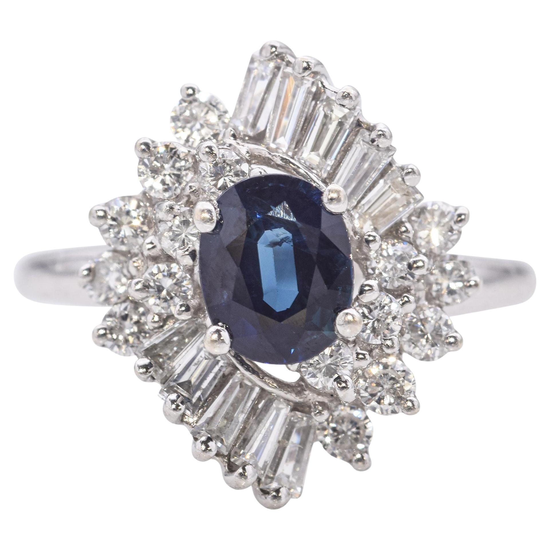 Vintage 14K White Gold 0.86 Ct. Sapphire and Diamond Halo Ring For Sale