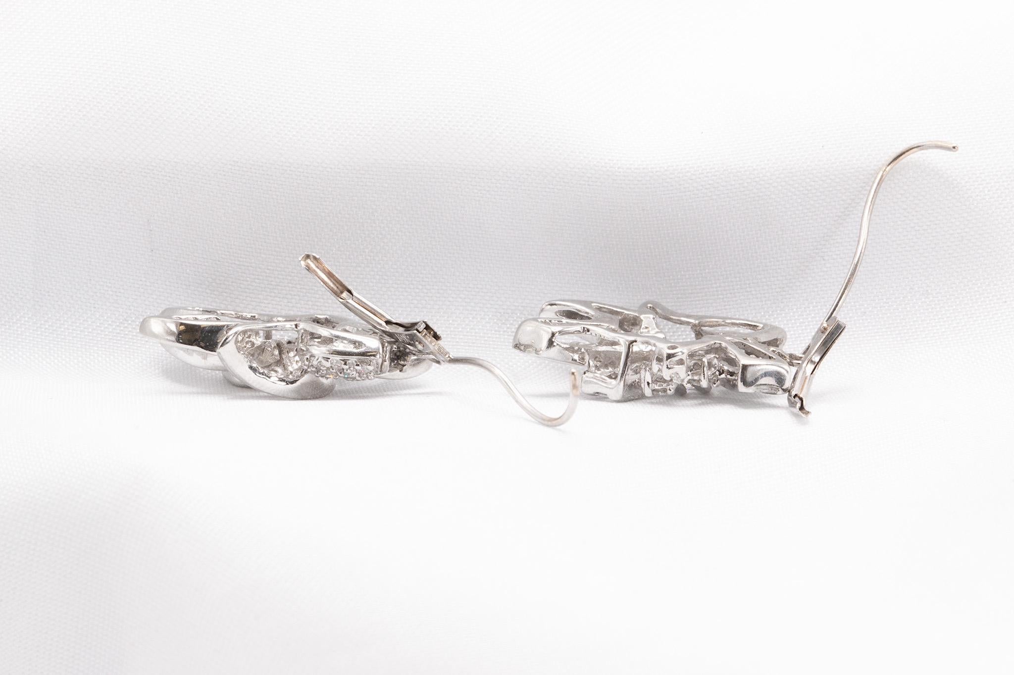 Round Cut Vintage 14k White Gold 1 Carat Total Diamond Bow Dangling Earrings For Sale
