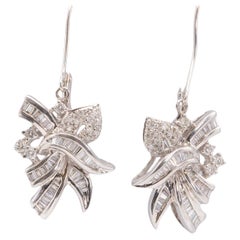 Vintage 14k White Gold 1 Carat Total Diamond Bow Dangling Earrings