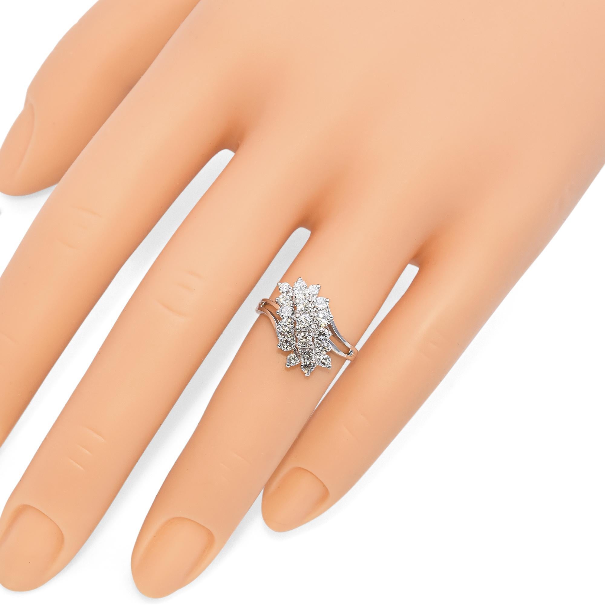 Retro Vintage 14K White Gold 1.02 TCW Diamond Waterfall Cluster Ring For Sale