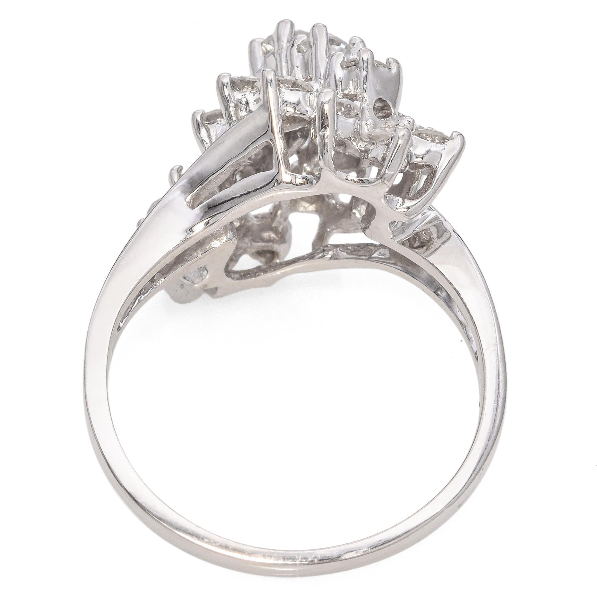 Women's Vintage 14K White Gold 1.02 TCW Diamond Waterfall Cluster Ring For Sale